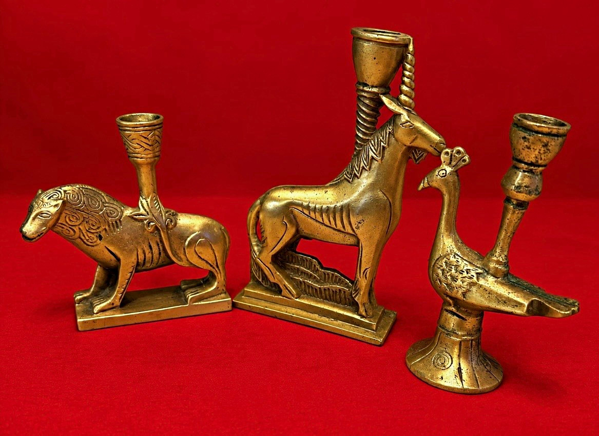 Brass Animal  Rare Vintage George Boot GB British Candlestick Holder Set / 3 pc