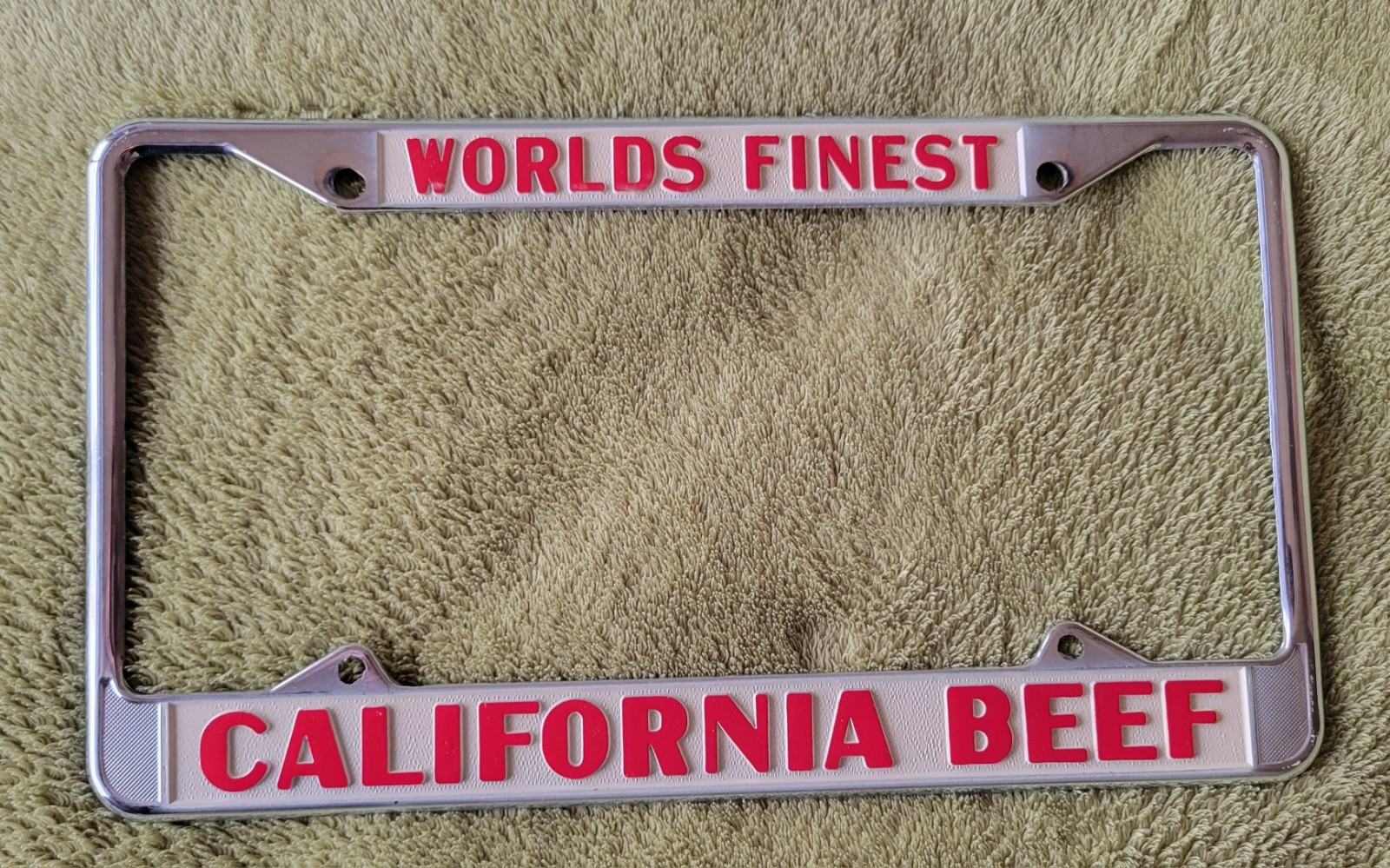 Vintage Worlds Finest California Beef License Plate Frame NOS Robert W. Brown Vintage Worlds Finest California Beef License Plate Frame NOS Robert W. Brown