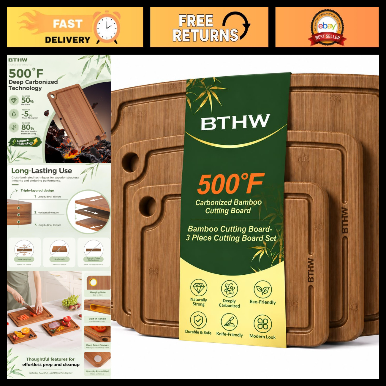 Bamboo Cutting Board 3-Piece,Wood Cutting Board Set for Kitchen Bamboo Cutting Board 3-Piece,Wood Cutting Board Set for Kitchen