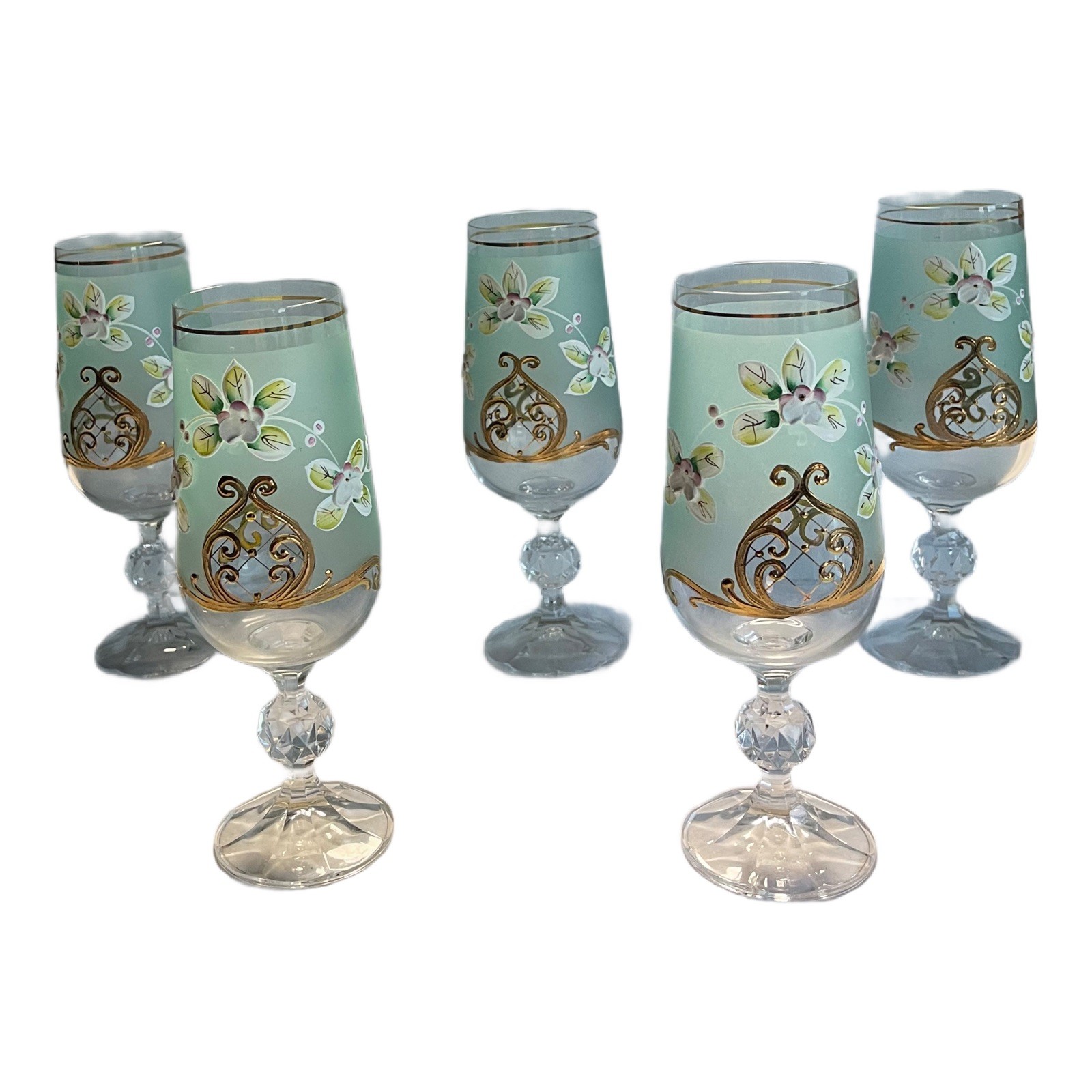 VTG Green Frosted Glass Artisan Goblets 3D Flower -Set Of 5 Hand-Painted VTG Green Frosted Glass Artisan Goblets 3D Flower -Set Of 5 Hand-Painted