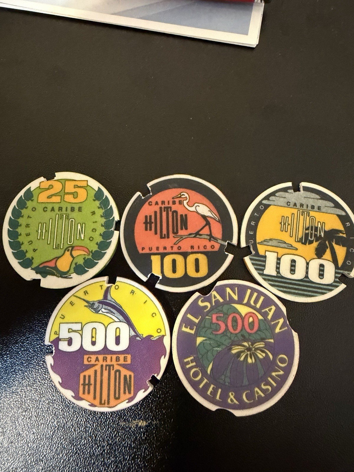 (5) $25 $100 $500 Caribe Hilton & El San Juan Puerto Rico Casino Chips Notched