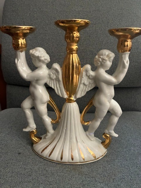 Vintage Italian Three Arm Candelabra. Porcelain hand made in Italy. Gilded. Vintage Italian Three Arm Candelabra. Porcelain hand made in Italy. Gilded.