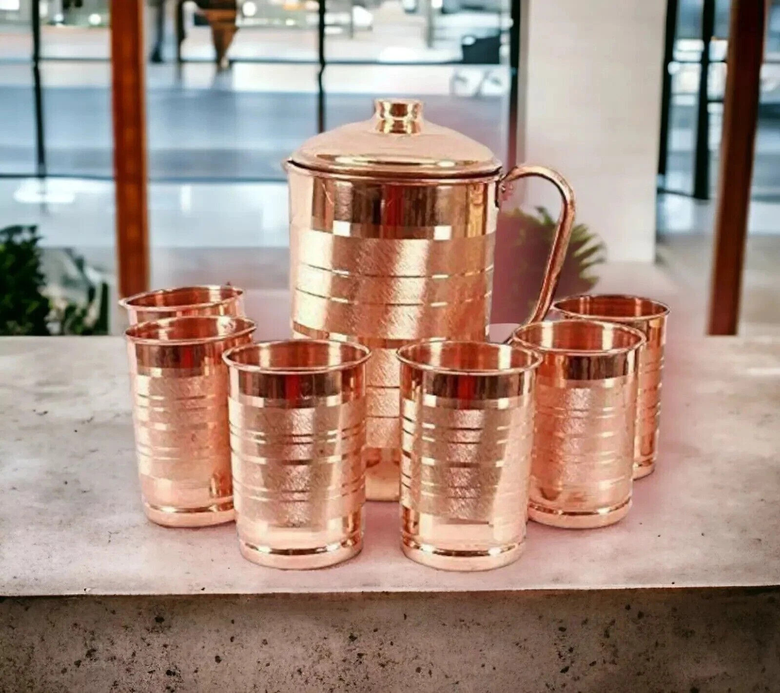 100% Pure Copper Water Jug Pitcher With Tumbler Glass Ayurveda Benefits Set Of 7