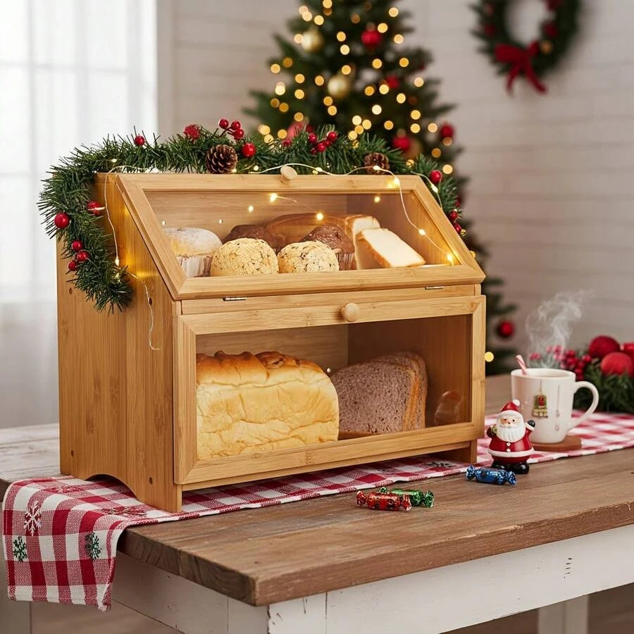Large Wooden Bread Box with Acrylic Door Double Layer Kitchen Storage Bin Large Wooden Bread Box with Acrylic Door Double Layer Kitchen Storage Bin