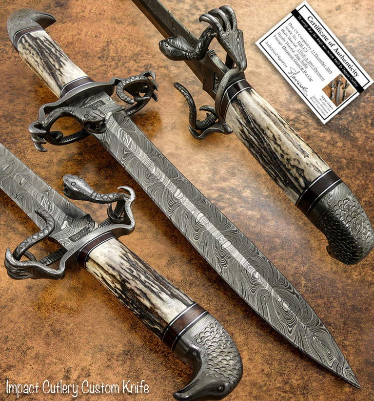 1-Of-A-Kind Impact Cutlery Rare Custom Damascus Dagger Knife Stag Antler 1-Of-A-Kind Impact Cutlery Rare Custom Damascus Dagger Knife Stag Antler