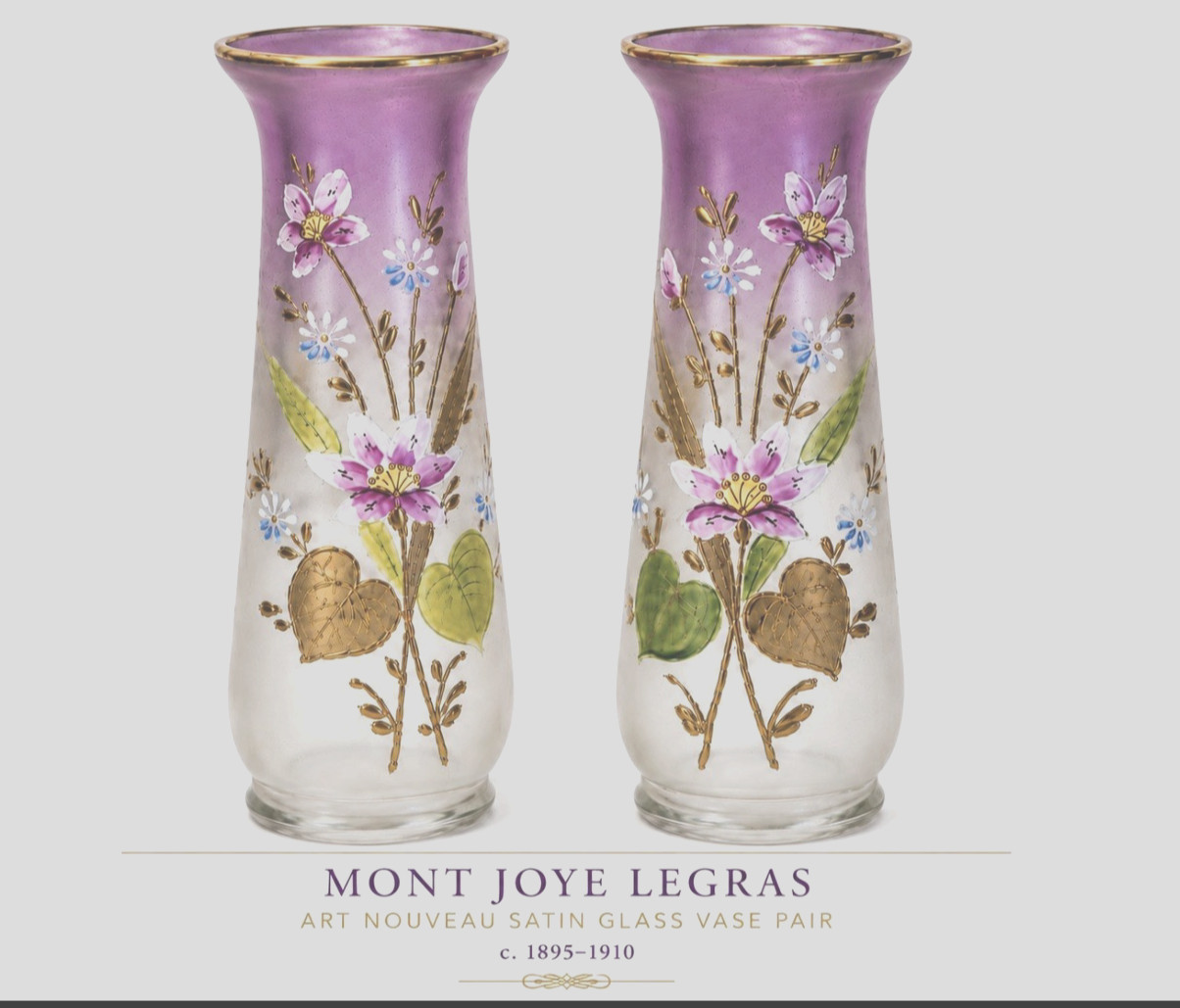 PaIr Antique French Mont Joya Legras Art Nouveau Satin Glass Floral Enamel Vases PaIr Antique French Mont Joya Legras Art Nouveau Satin Glass Floral Enamel Vases