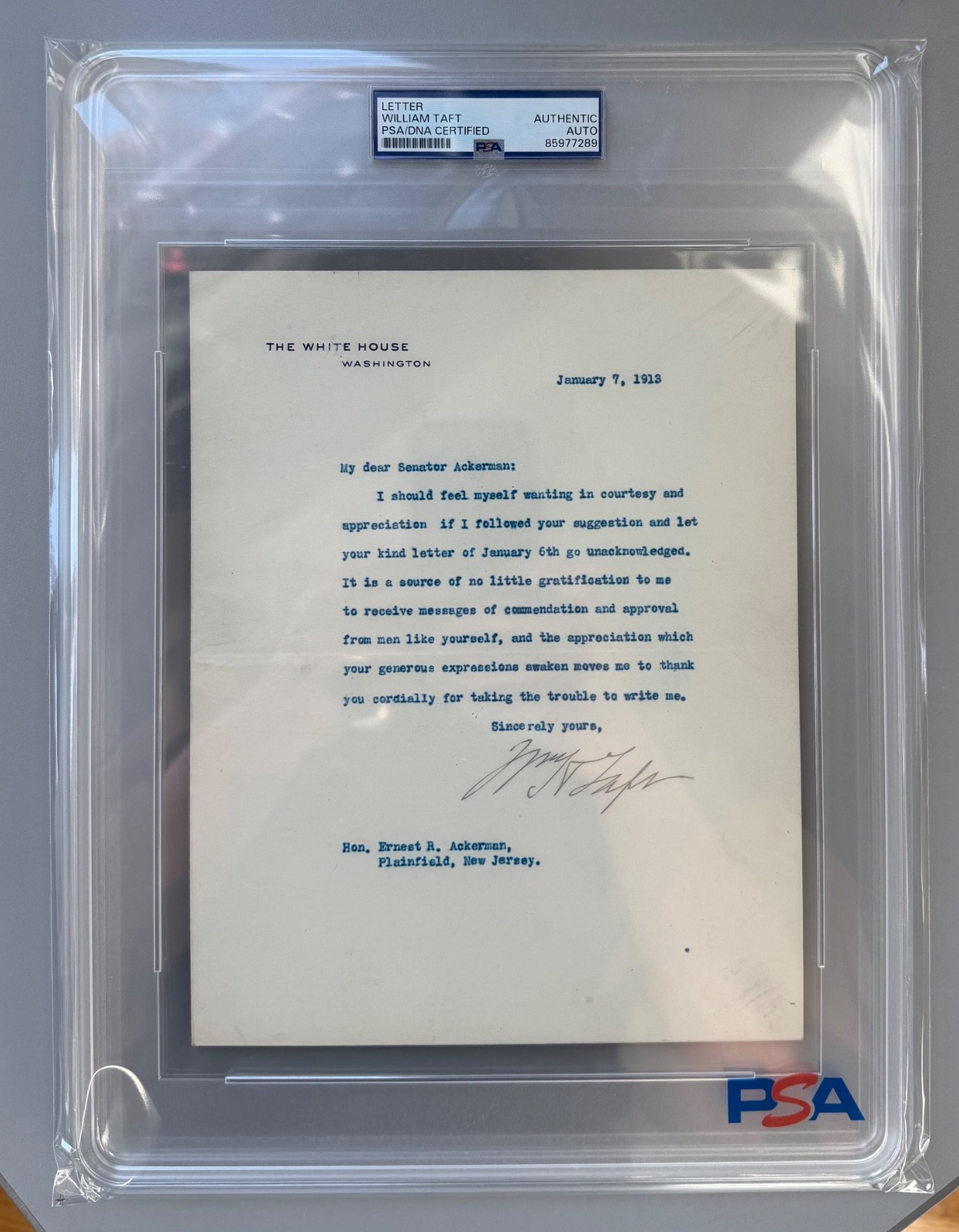 1913 William Taft Letter to Senator Ackerman - PSA/DNA Certified 1913 William Taft Letter to Senator Ackerman - PSA/DNA Certified