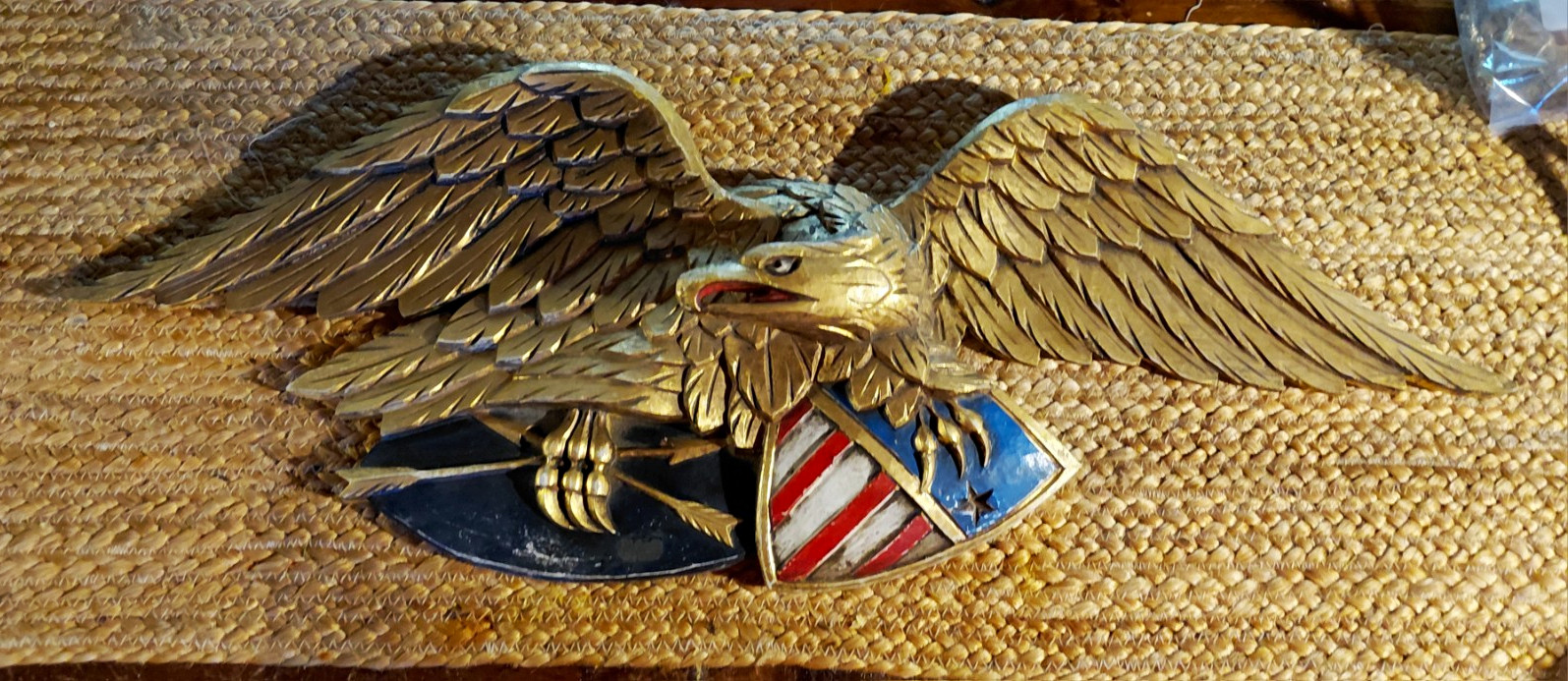 J. Lohman Patriotic Eagle Raised Relief ,Wall Plaque, Hand Carved, Signed 1970s J. Lohman Patriotic Eagle Raised Relief ,Wall Plaque, Hand Carved, Signed 1970s