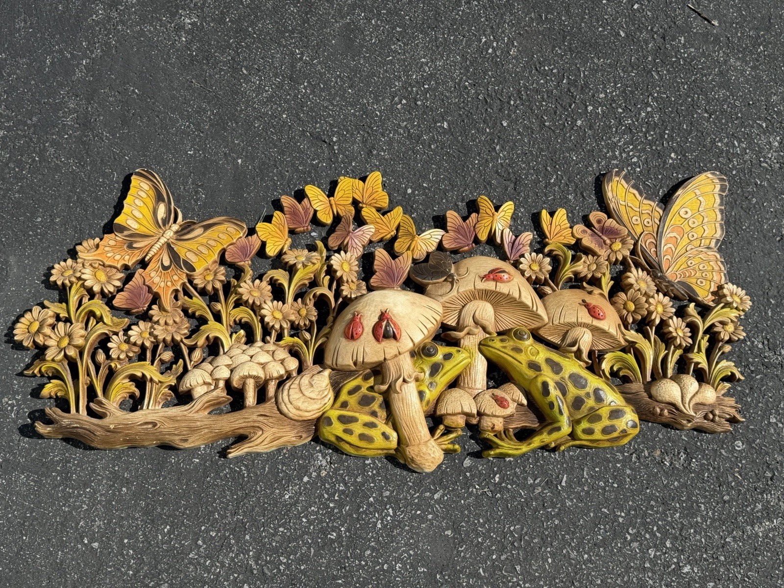 Vintage 1970's Burwood 40" Wall Hanging MCM Mushrooms Frogs Butterflies Plaque Vintage 1970's Burwood 40" Wall Hanging MCM Mushrooms Frogs Butterflies Plaque