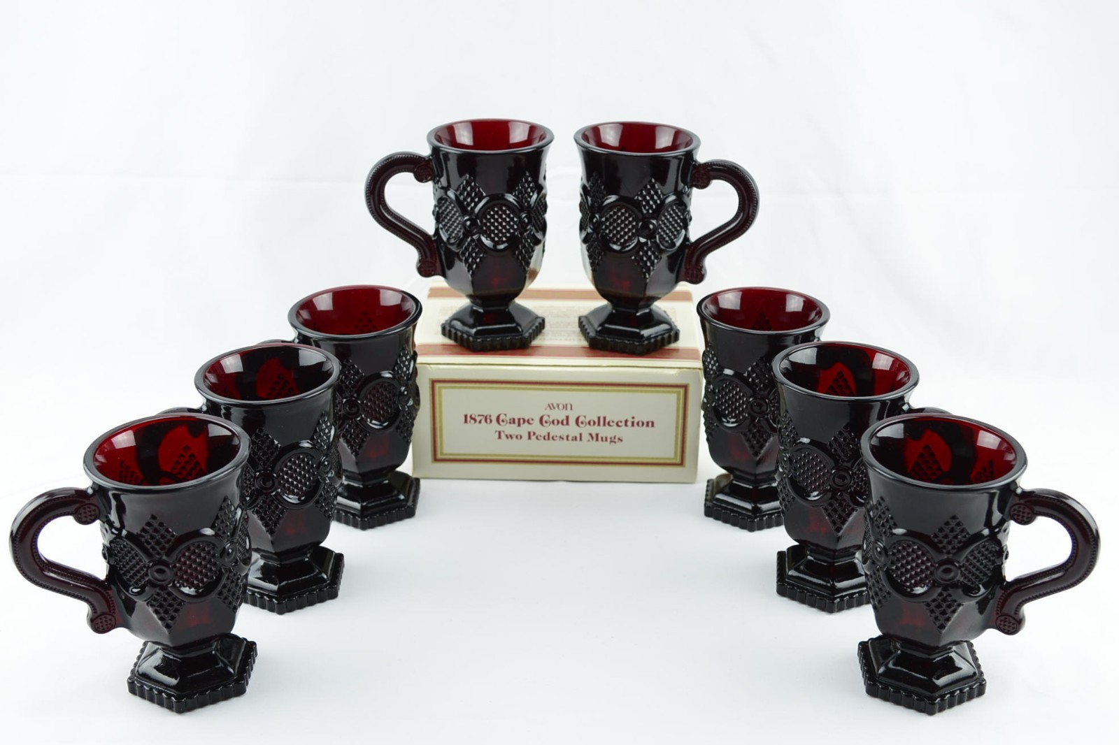 Avon 1876 Cape Cod Ruby Red Pedestal Mugs 5" Set 8 Pieces New Vintage Avon 1876 Cape Cod Ruby Red Pedestal Mugs 5" Set 8 Pieces New Vintage