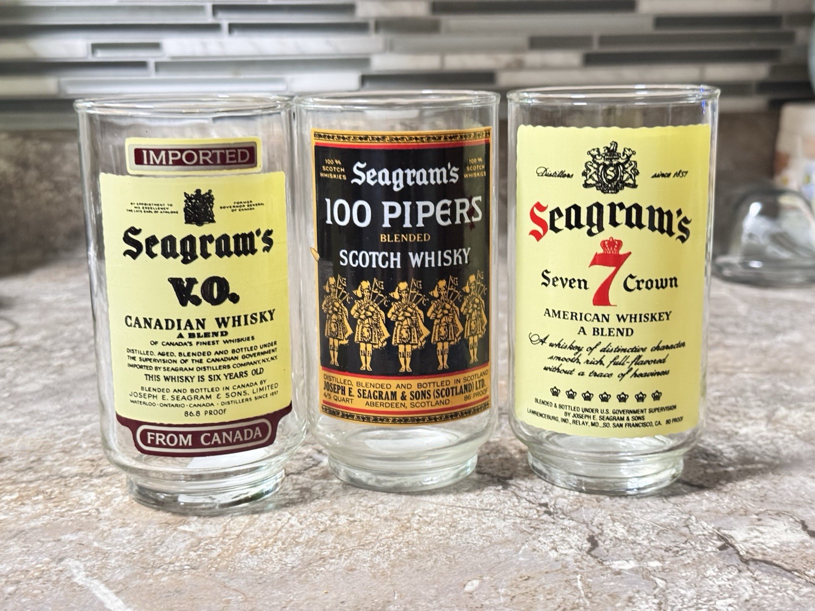 Vintage set of 3 Seagram's highball glasses featuring V.O., 100 Pipers & 7 Crown Vintage set of 3 Seagram's highball glasses featuring V.O., 100 Pipers & 7 Crown