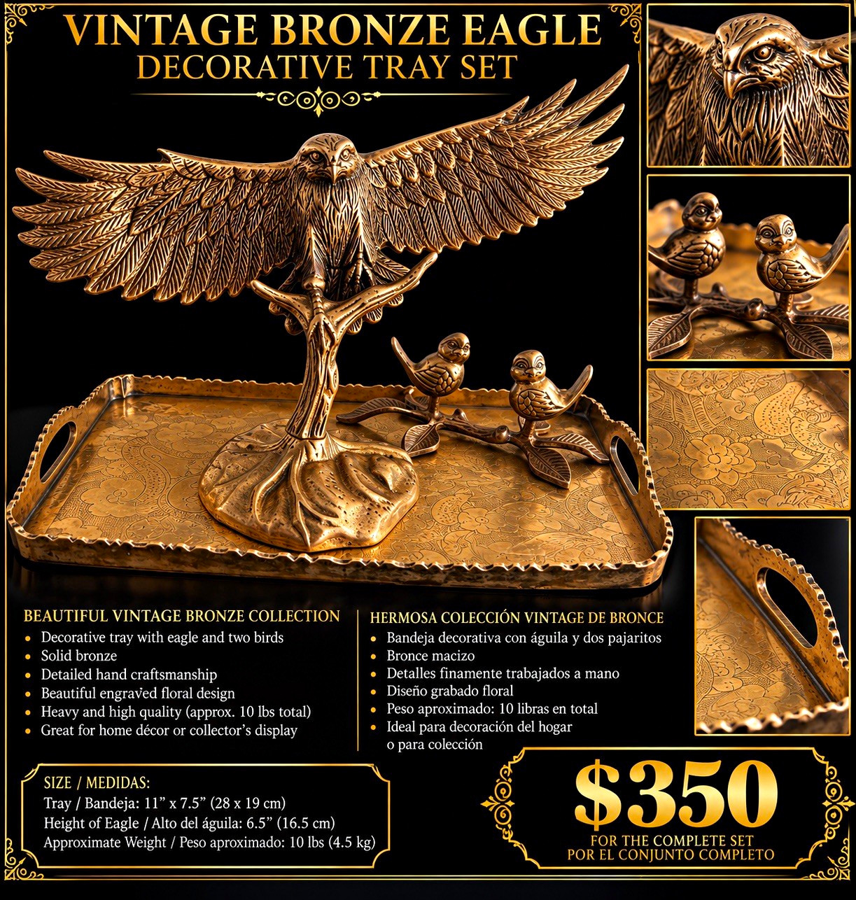 Vintage Bronze Eagle Bird Decorative Tray Set with 2 Bird Trays Vintage Bronze Eagle Bird Decorative Tray Set with 2 Bird Trays