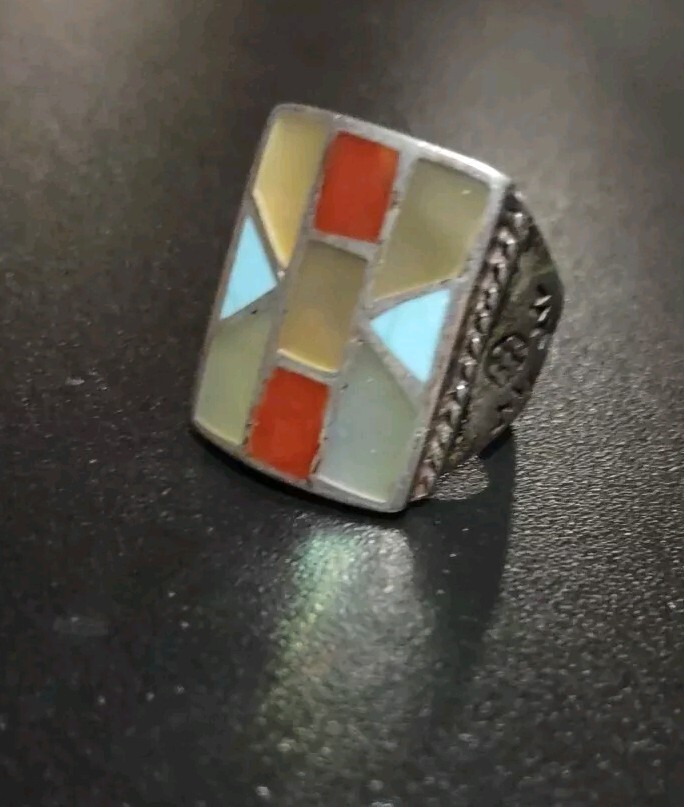 Zuni Silver Turquoise Coral MOP Channel Inlay Ring Antique Native American