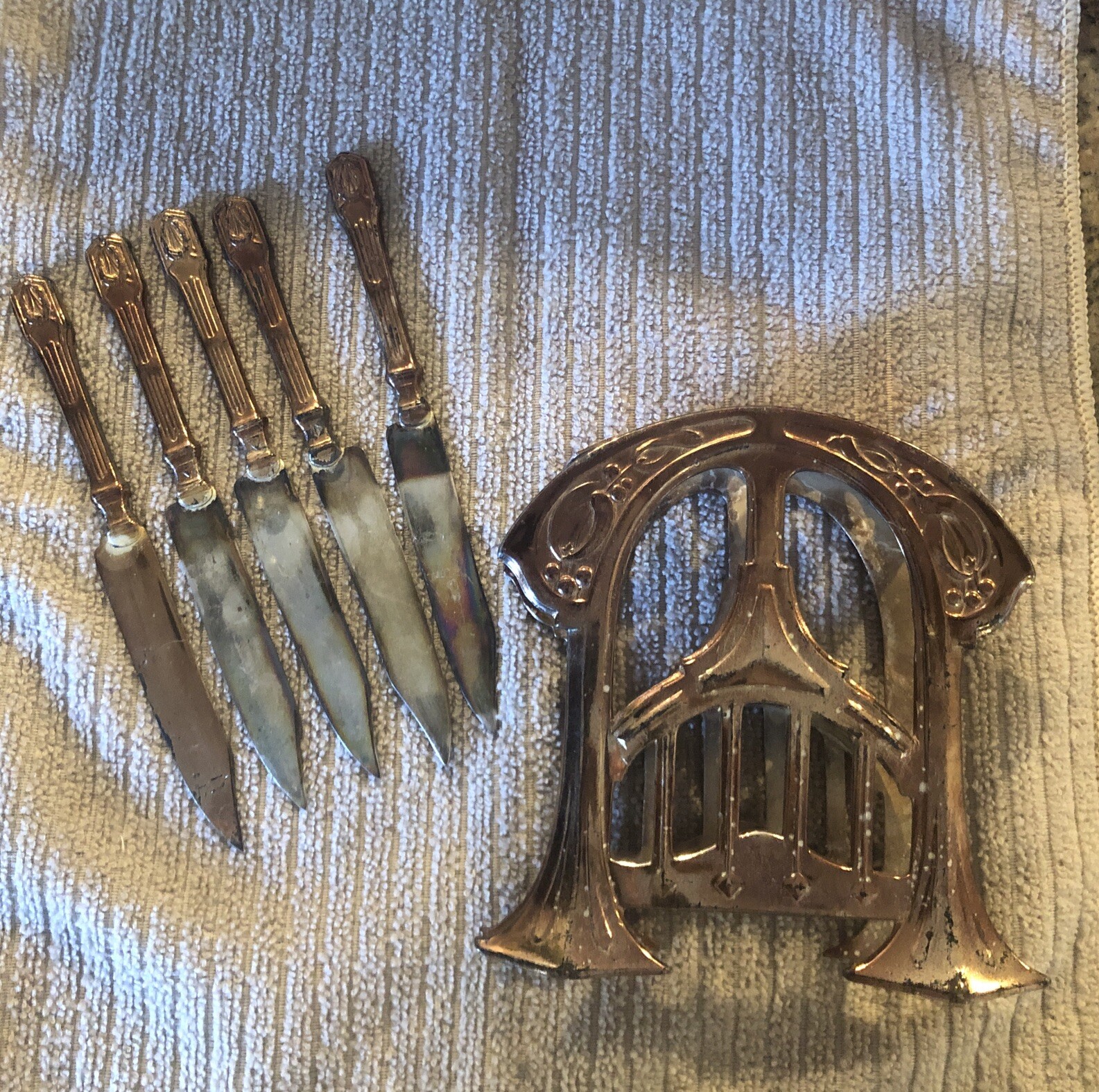 RARE,ANTIQ,Art Nouveau , Metal ,Brass ,Copper..Fruit Knife Holder With 5 Knives RARE,ANTIQ,Art Nouveau , Metal ,Brass ,Copper..Fruit Knife Holder With 5 Knives