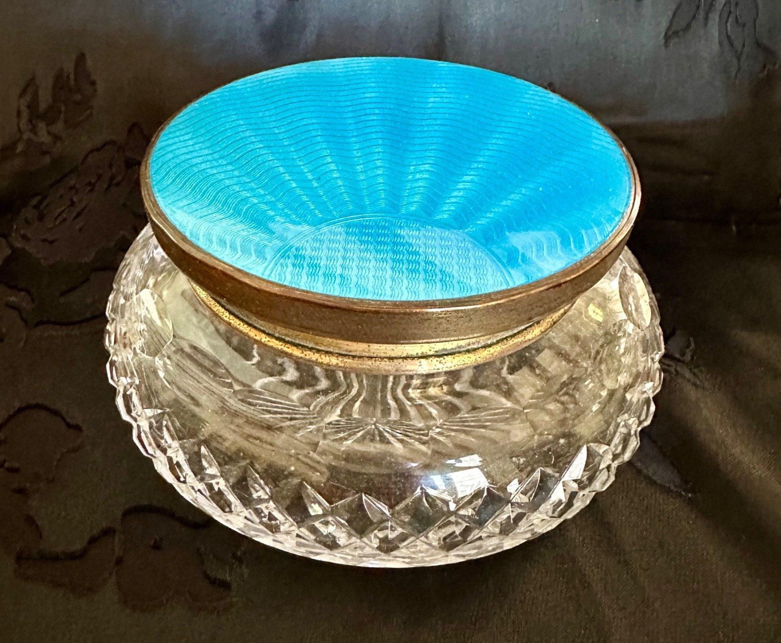 Antique Art Deco English Blue Guilloche Enamel Cut Glass Vanity Jar Antique Art Deco English Blue Guilloche Enamel Cut Glass Vanity Jar