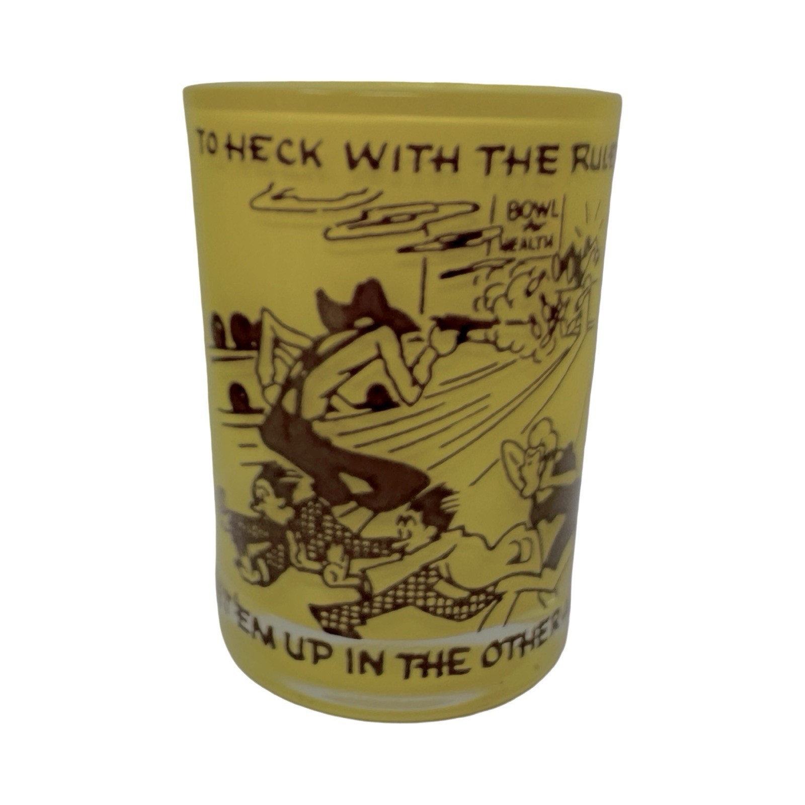 1940s Anchor Hocking Hillbilly Bowling Cartoon 4 oz Juice Glass Mid Century RARE 1940s Anchor Hocking Hillbilly Bowling Cartoon 4 oz Juice Glass Mid Century RARE