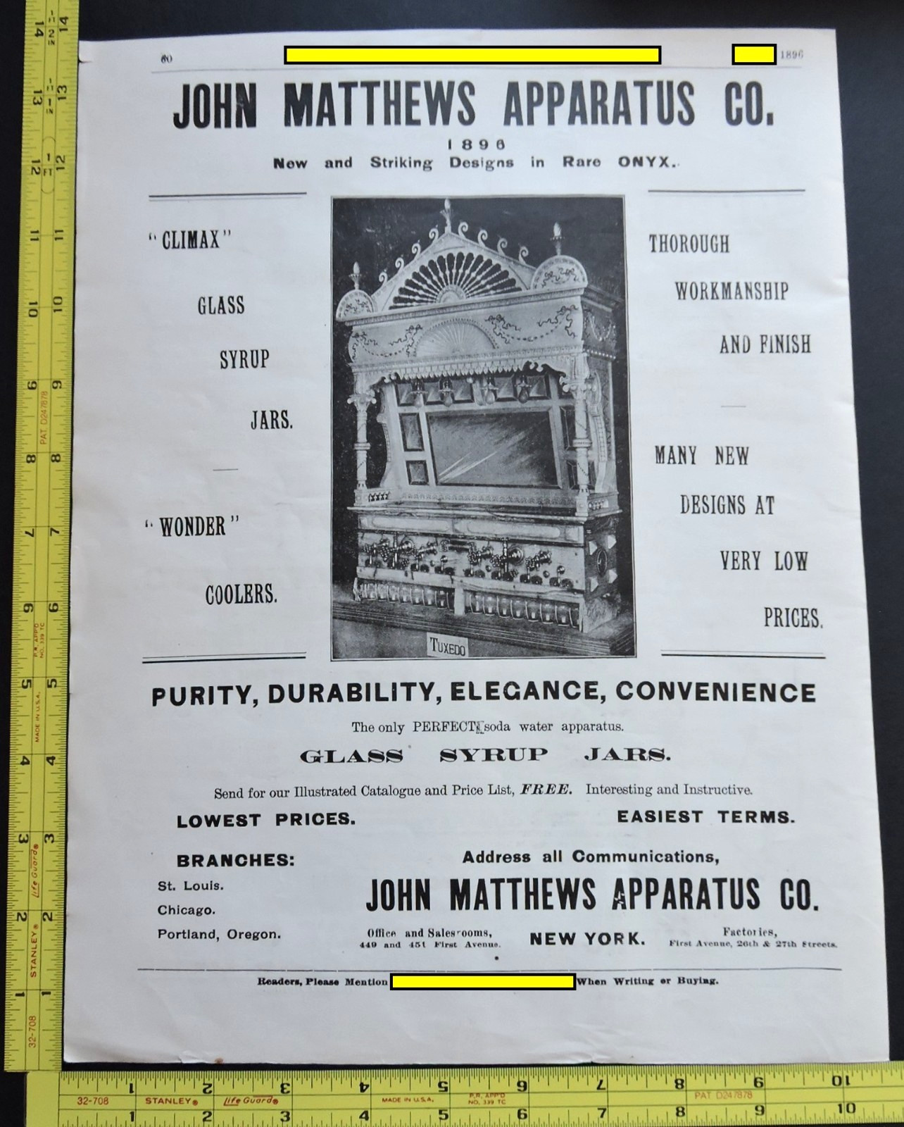 RARE Antique 1896 Ad - John Matthews Apparatus Co Soda Fountain Vtg RARE Antique 1896 Ad - John Matthews Apparatus Co Soda Fountain Vtg