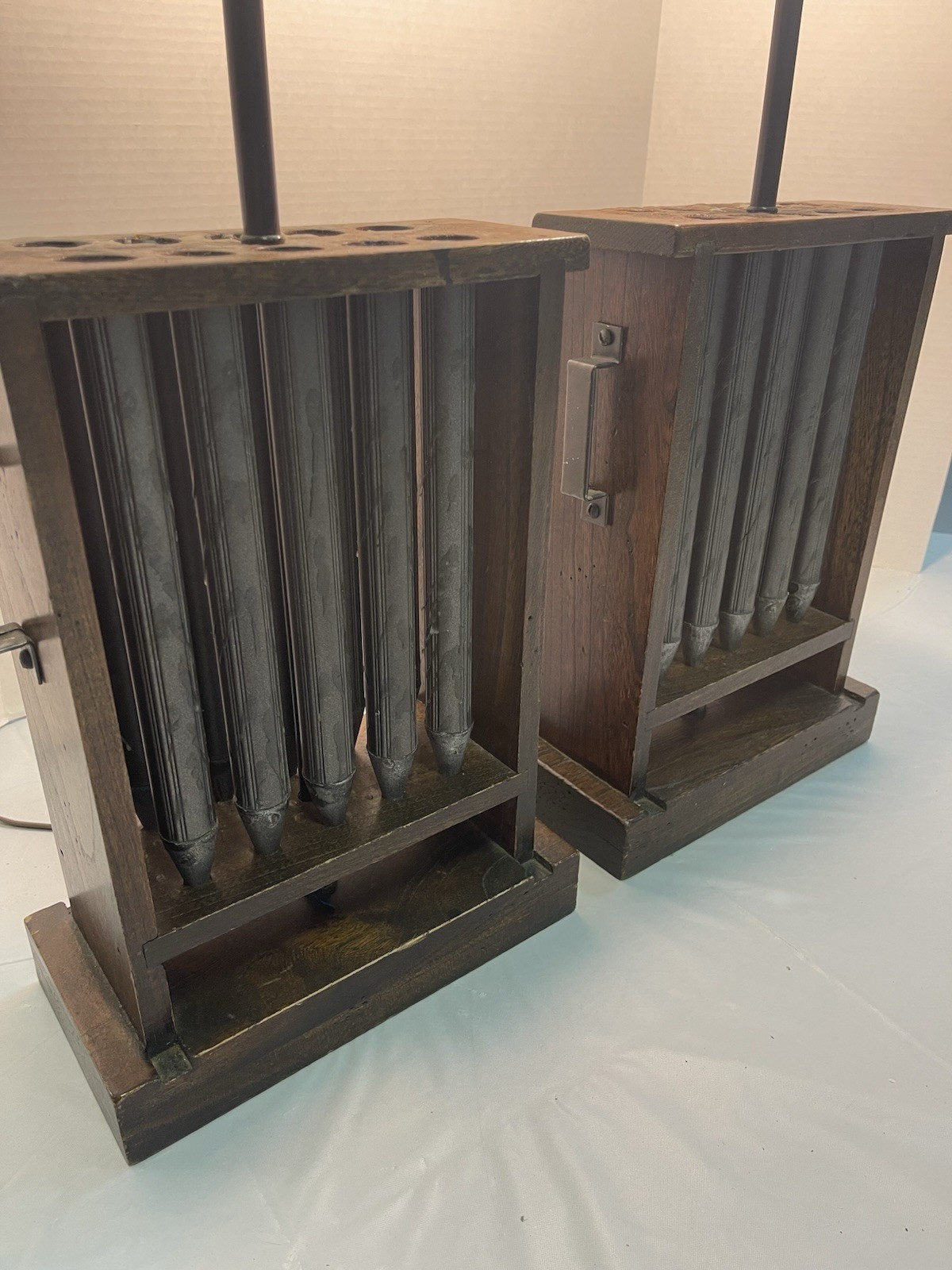 Pair Vintage Wood & Metal 10-Tube Candle Mold Table Lamps 25” Primitive Decor Pair Vintage Wood & Metal 10-Tube Candle Mold Table Lamps 25” Primitive Decor