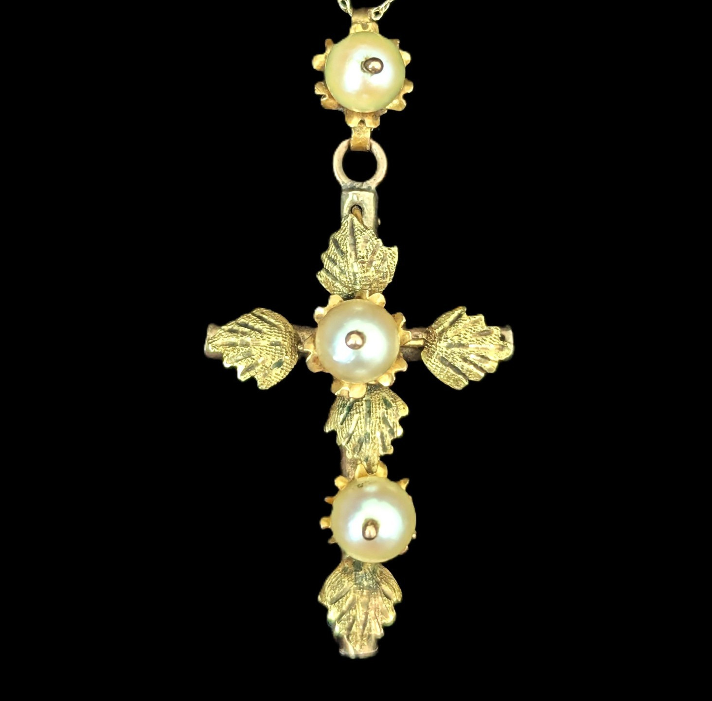 Antique Pearls 10k Yellow Gold Decorated Cross Pendant on Chain Estate Floral