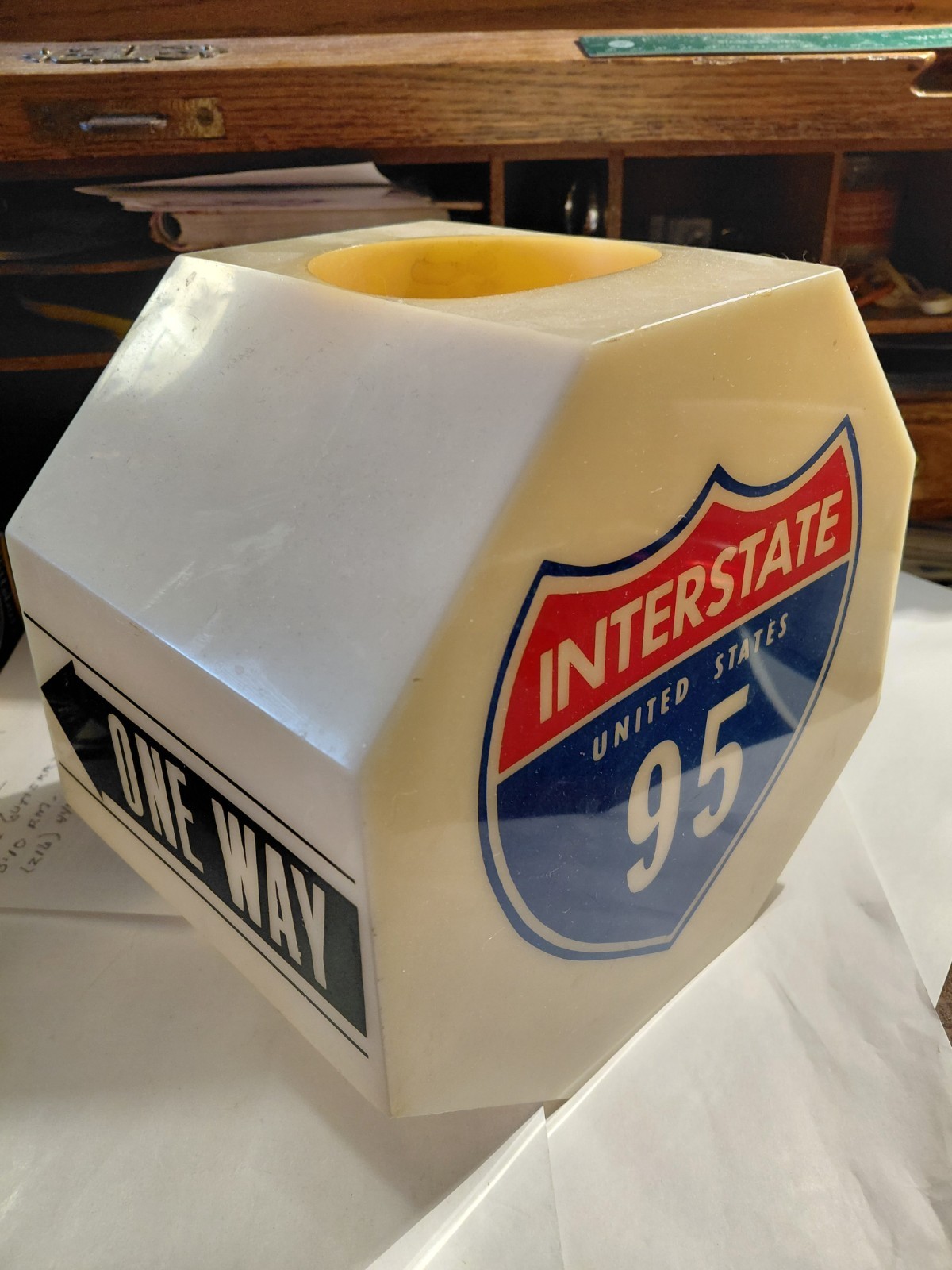 Interstate 95 plastic lampshade lamp fixture Pic-nic 'Stop' 9" x 6.5" Tad yellow Interstate 95 plastic lampshade lamp fixture Pic-nic 'Stop' 9" x 6.5" Tad yellow