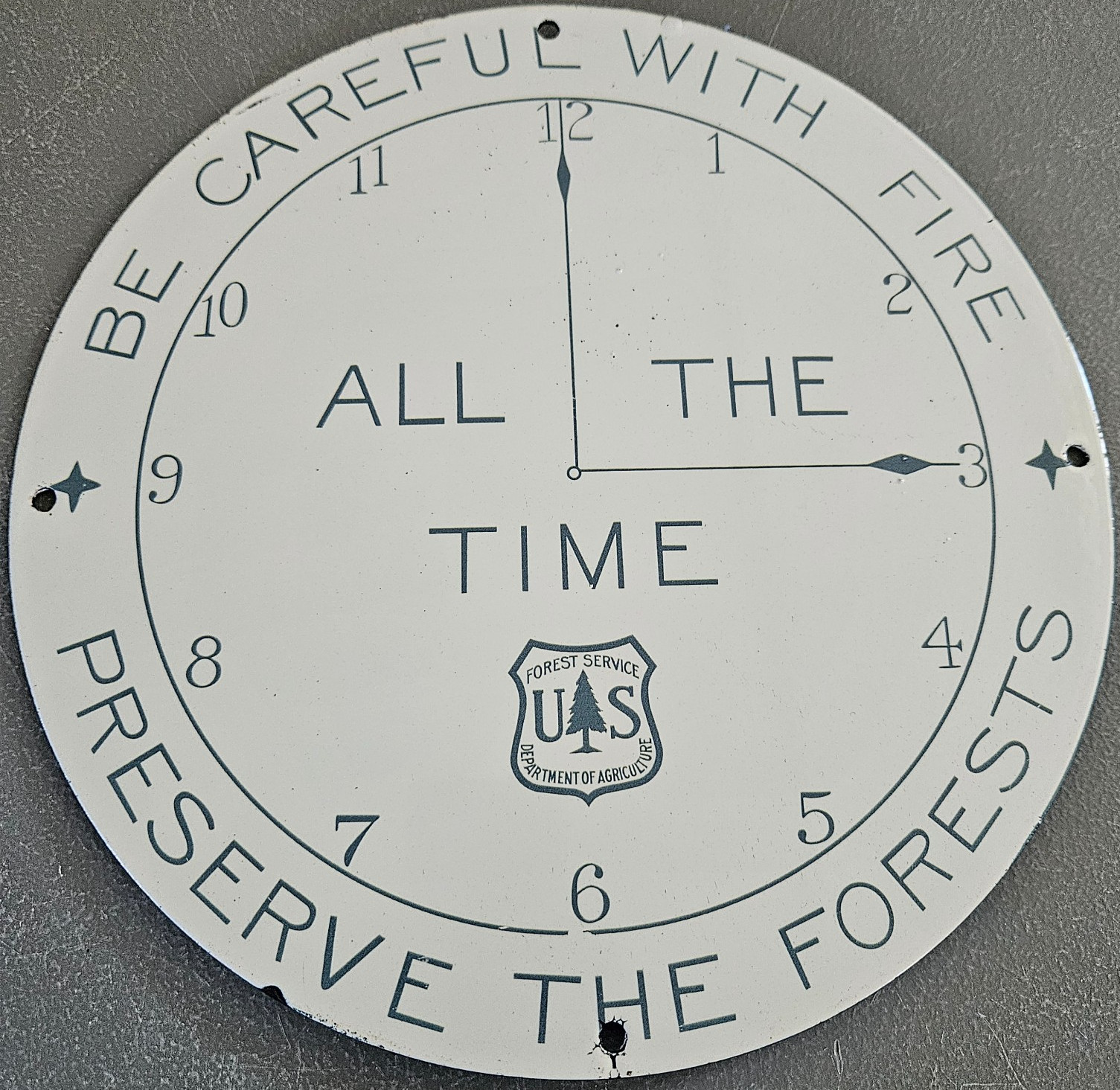 VINTAGE US FOREST SERVICE 12" PORCELAIN SIGN CLOCK BE CAREFUL WITH FIRE FORESTS