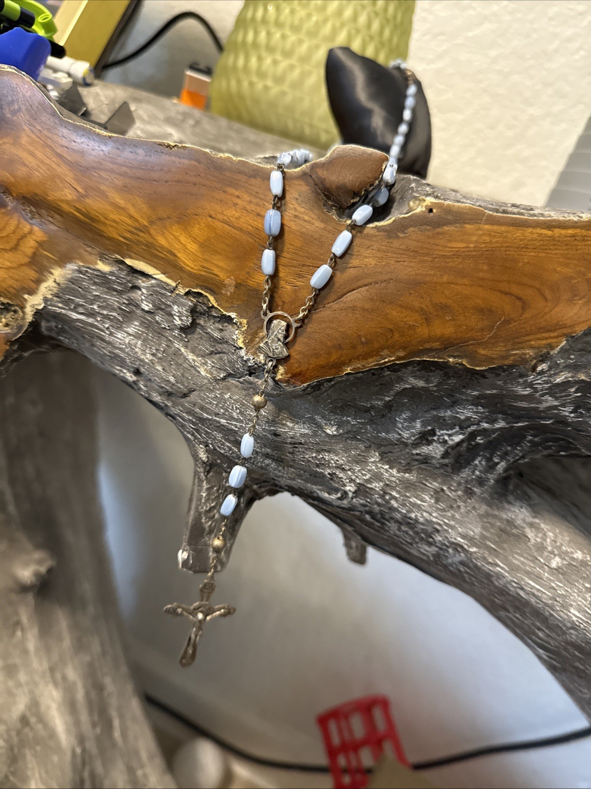 Vintage Catholic Rosary with Blue Glass Beads and Metal Crucifix