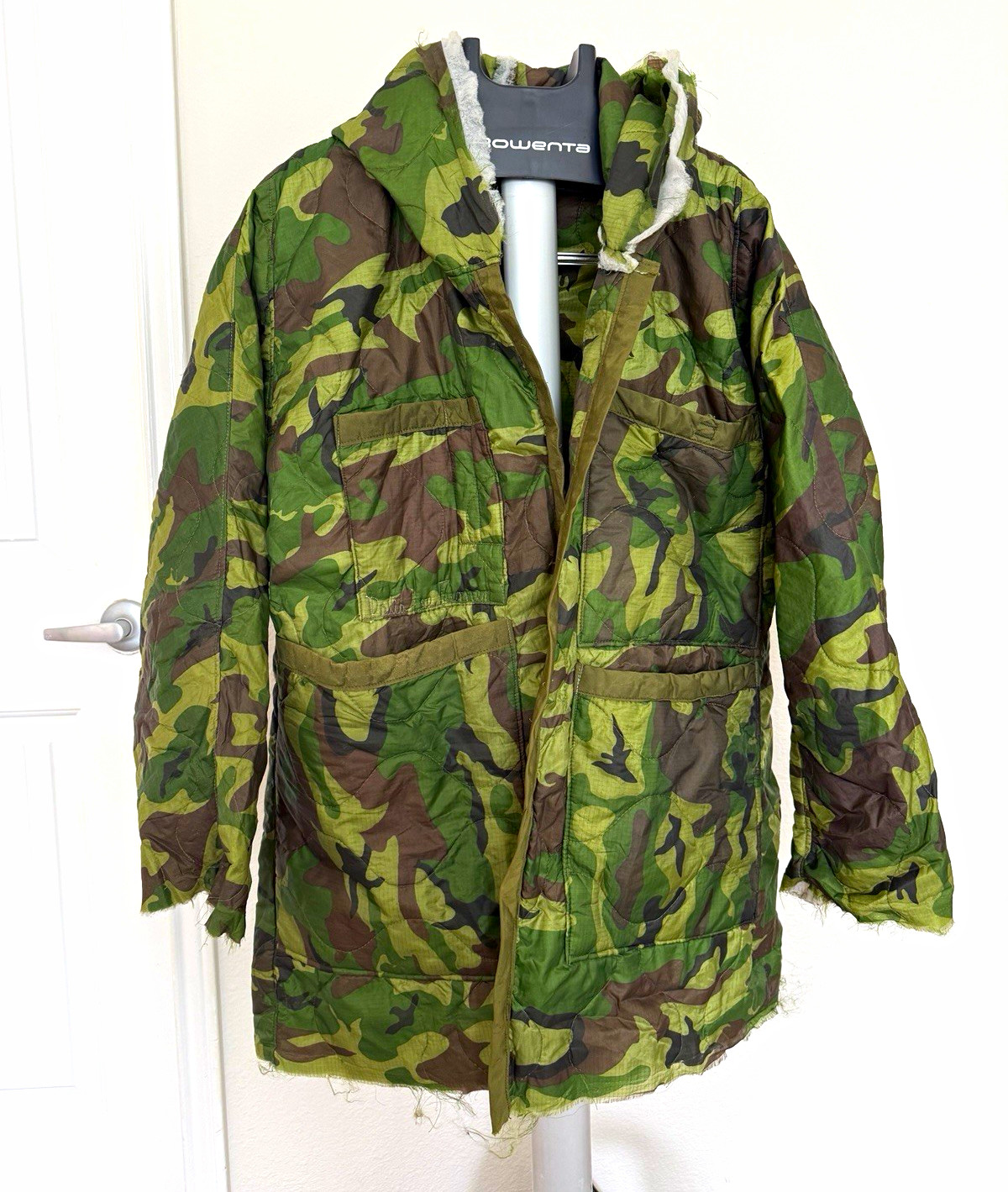Vintage 1987 USGI Woobie Jacket Poncho Liner Hooded Camo Raw Edge Handmade OOAK Vintage 1987 USGI Woobie Jacket Poncho Liner Hooded Camo Raw Edge Handmade OOAK