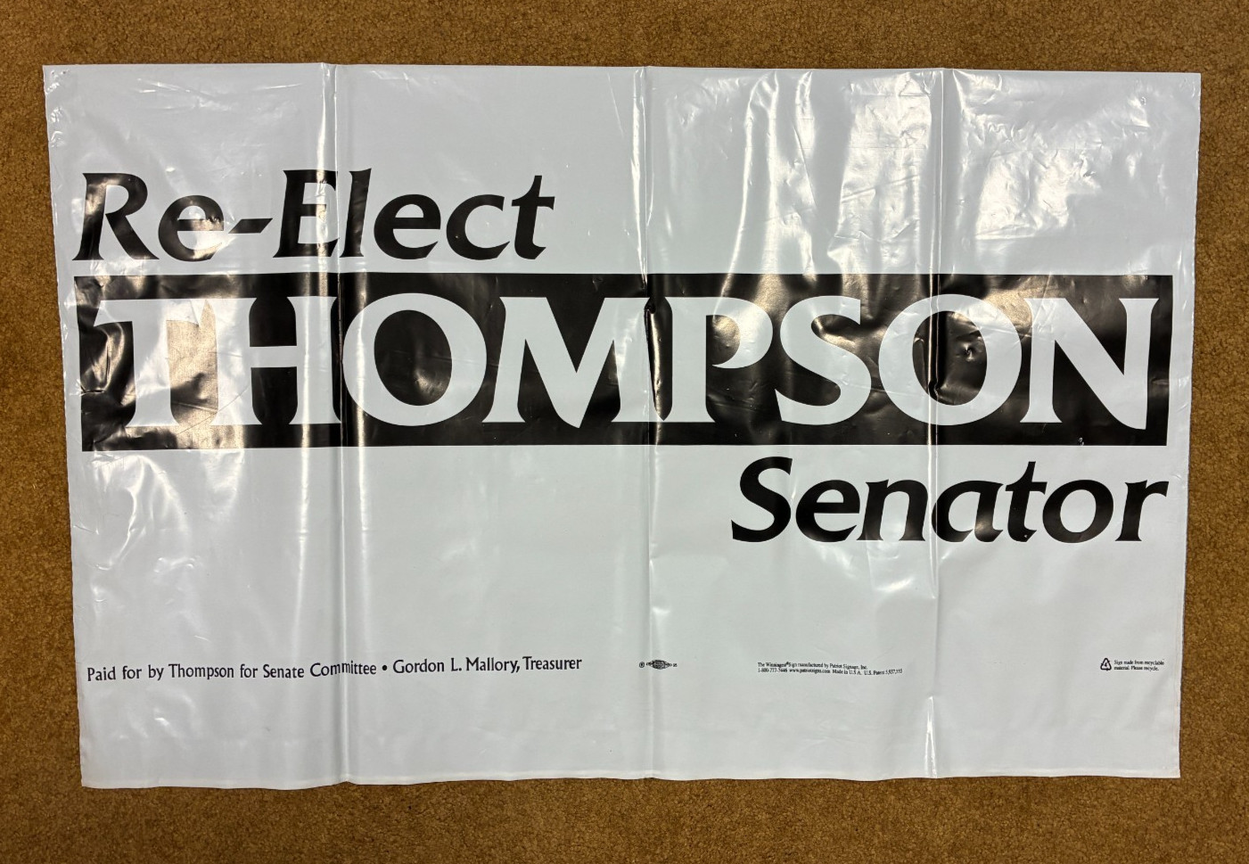 Vintage Re-Elect THOMPSON for U.S. Senate Political Campaign Yard Sign 32"x20" Vintage Re-Elect THOMPSON for U.S. Senate Political Campaign Yard Sign 32"x20"