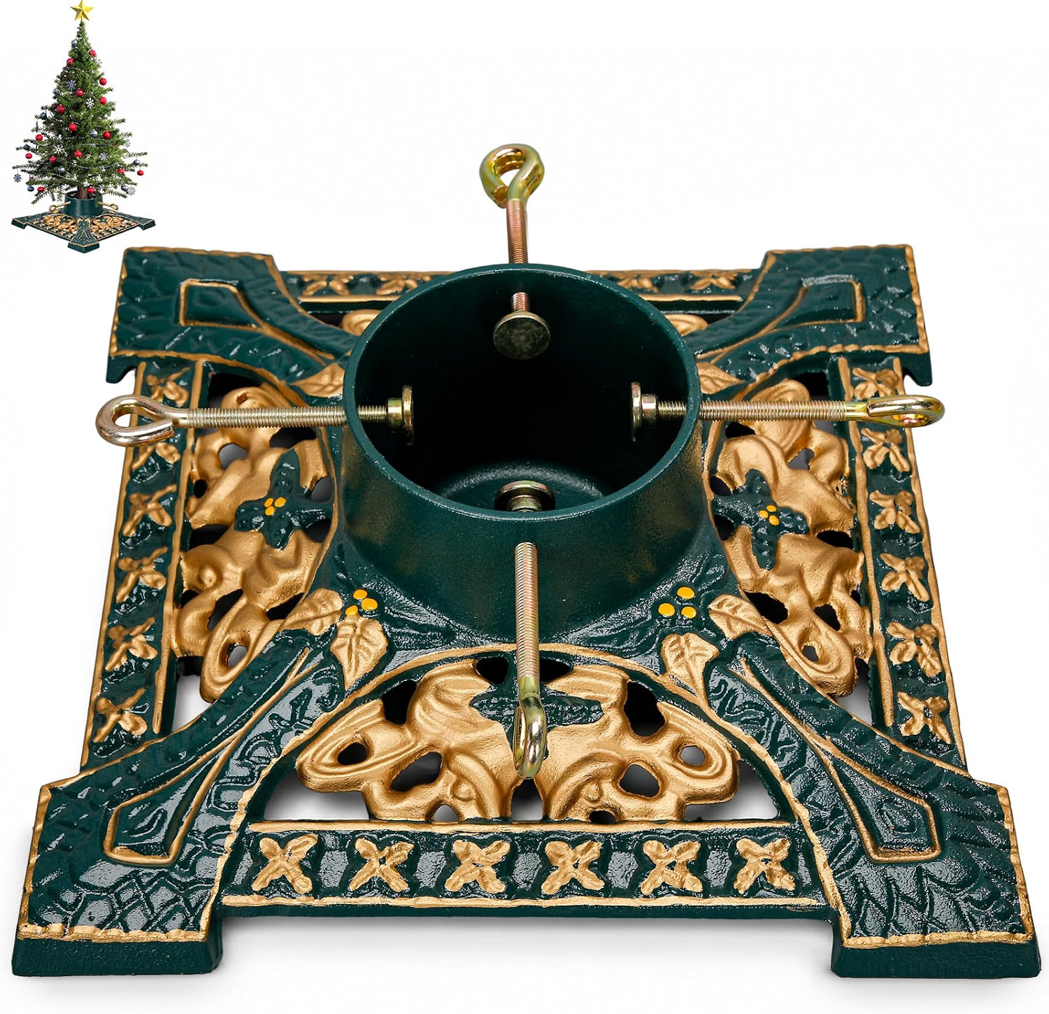 Cinnvoice Cast Iron Christmas Tree Stand Green Gold Bells Real Tree 8 Ft 120 lb Cinnvoice Cast Iron Christmas Tree Stand Green Gold Bells Real Tree 8 Ft 120 lb