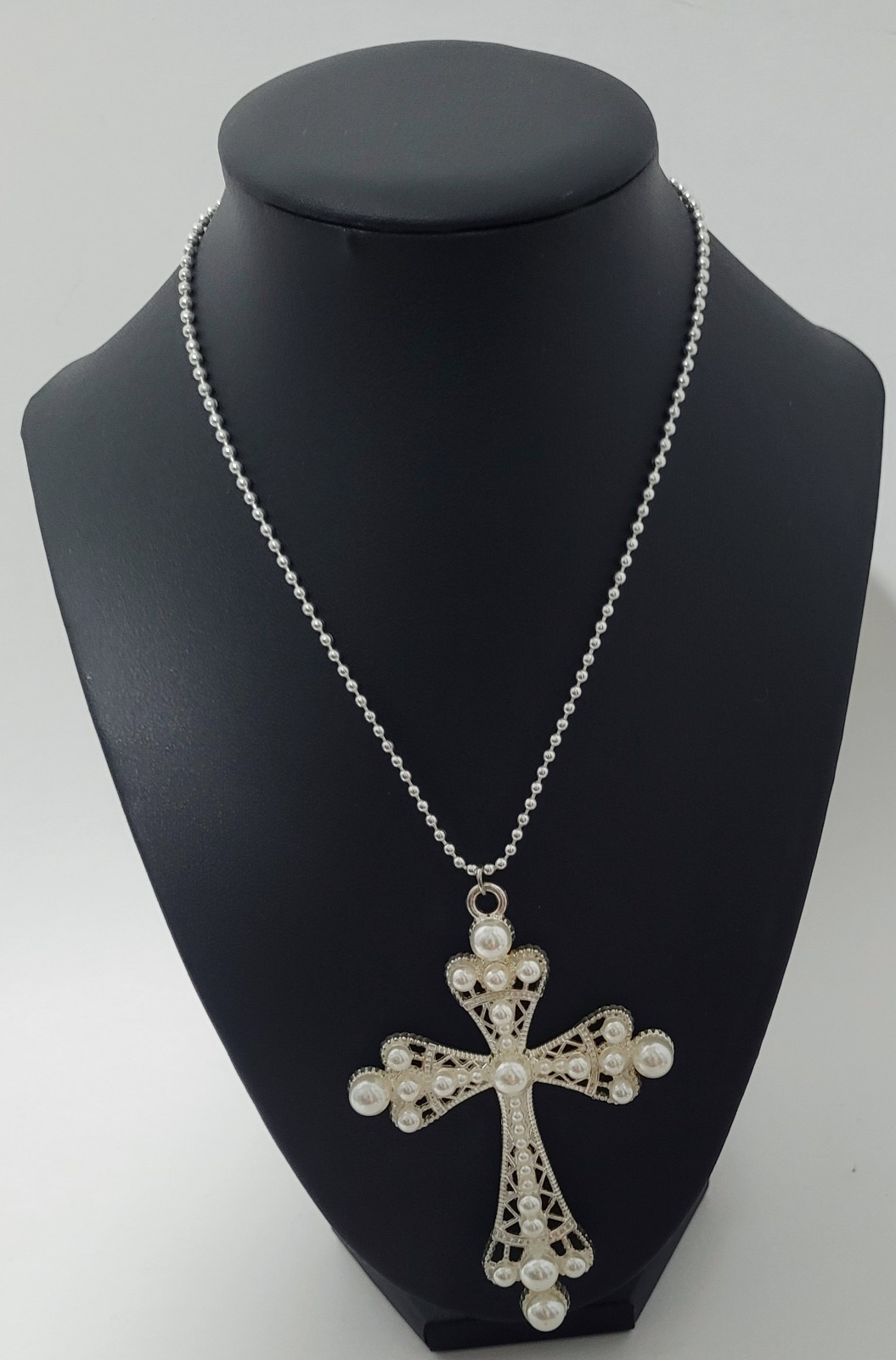 Hip-hop Punk Pearl Cross Pendant With a Silver Tone Ball Chain Necklace 15" Long
