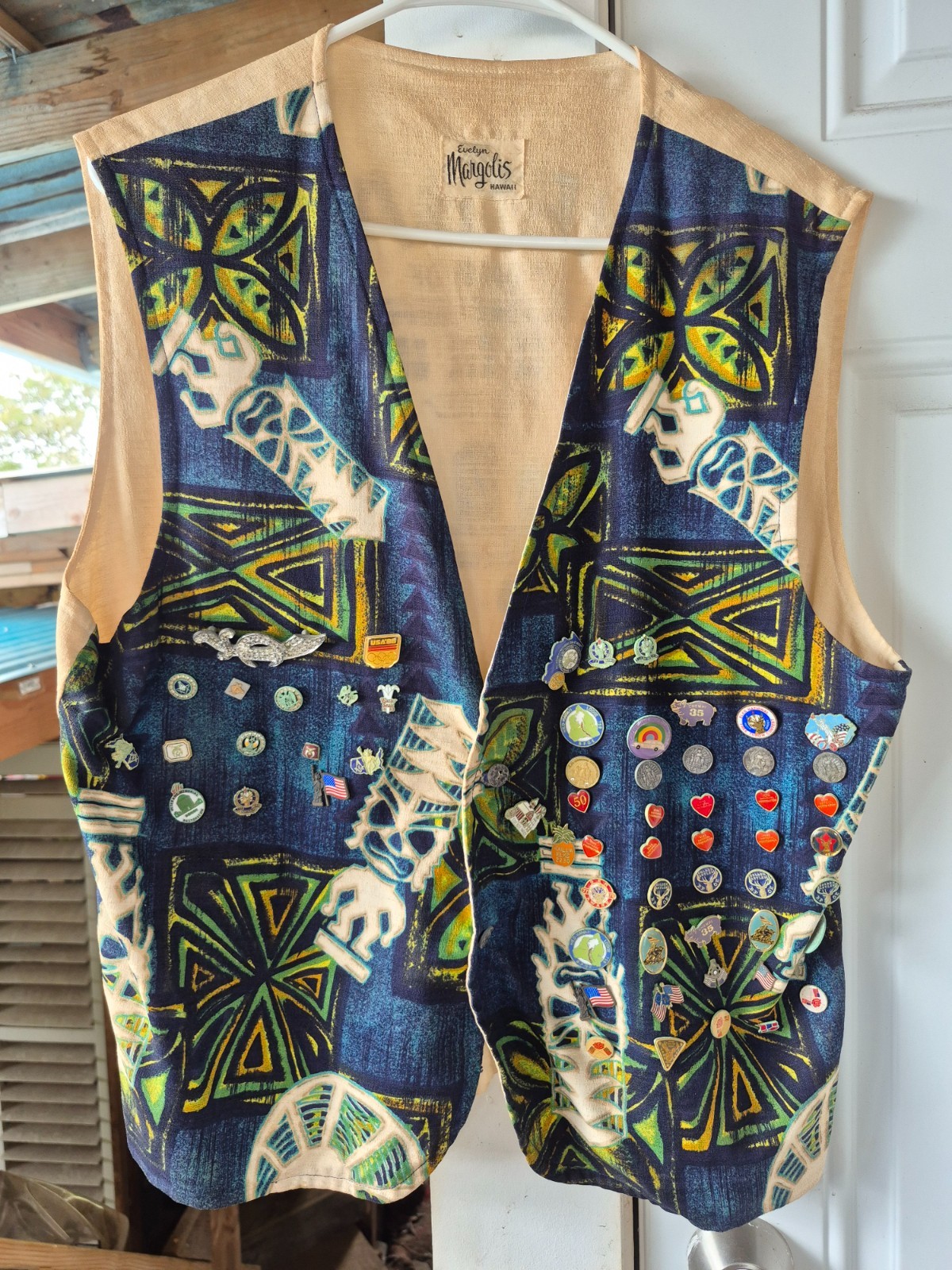 Vintage 1980's Hilo Elks Lodge Shriners Custom Barkcloth Vest Evelyn Margolis...