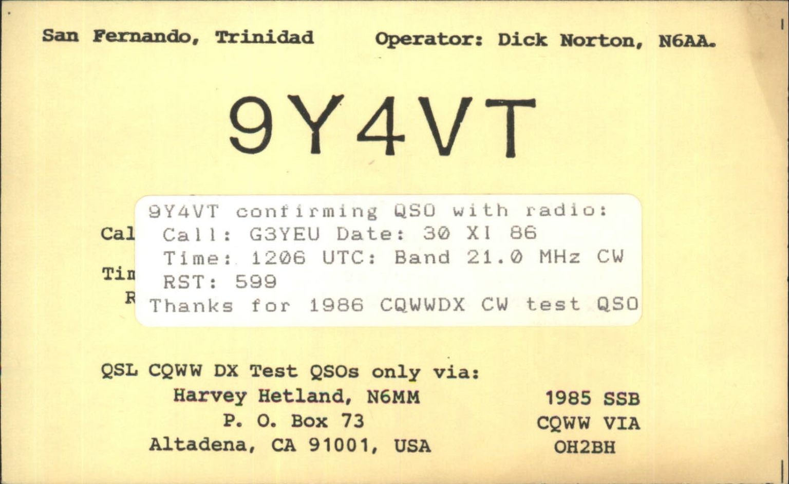 Vintage 1986 QSL Card 9Y4VT San Fernando Trinidad Ham Radio Amateur DX CQWW Vintage 1986 QSL Card 9Y4VT San Fernando Trinidad Ham Radio Amateur DX CQWW