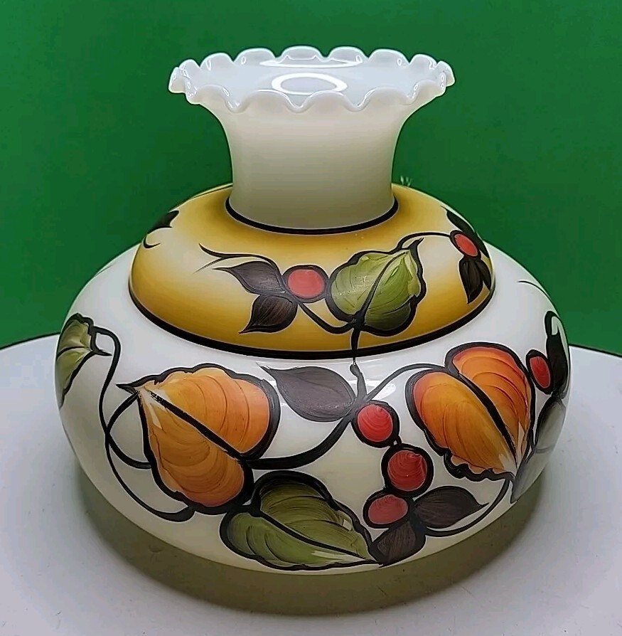 Vintage Large Hand Painted Milk Glass Lamp Shade For A Hurricane Style Lamp. Vintage Large Hand Painted Milk Glass Lamp Shade For A Hurricane Style Lamp.