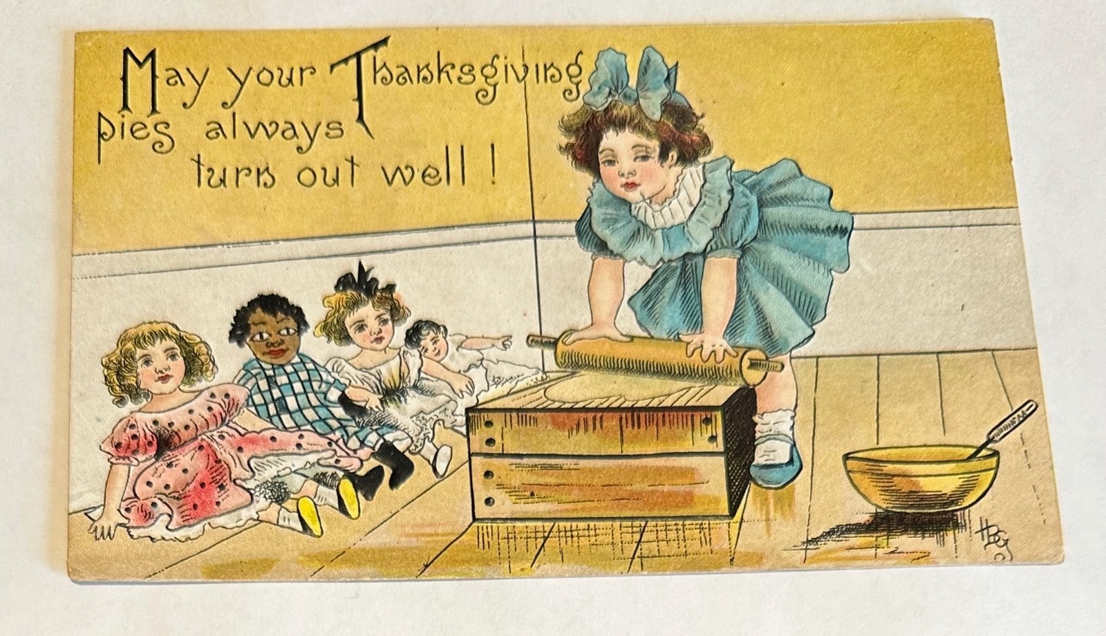 Antique Thanksgiving Postcard Girl Baking Pies with Dolls 1910
