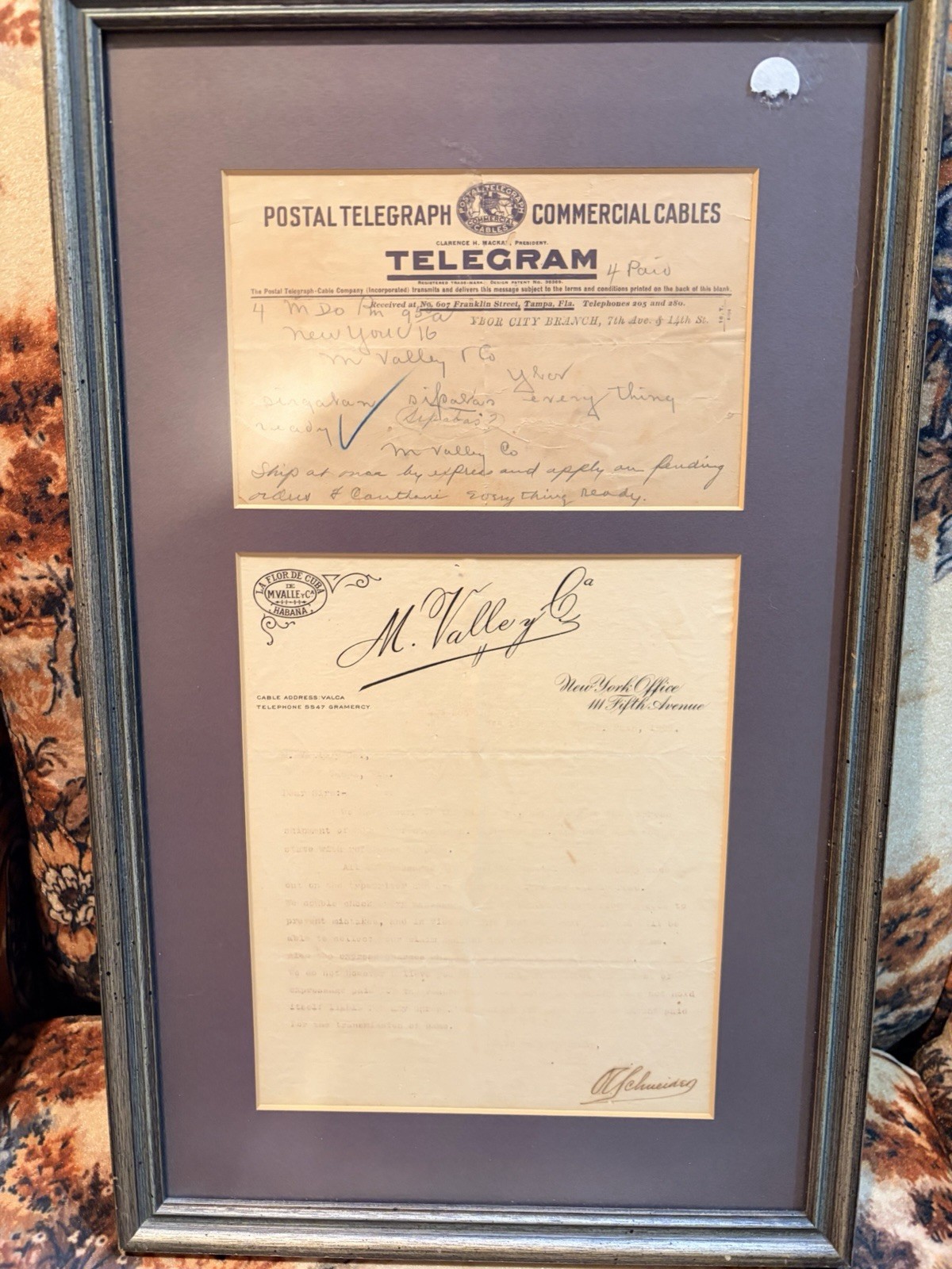 Antique M. Valle La Flor de Cuba Cigar Co Telegram Tampa Framed Ephemera