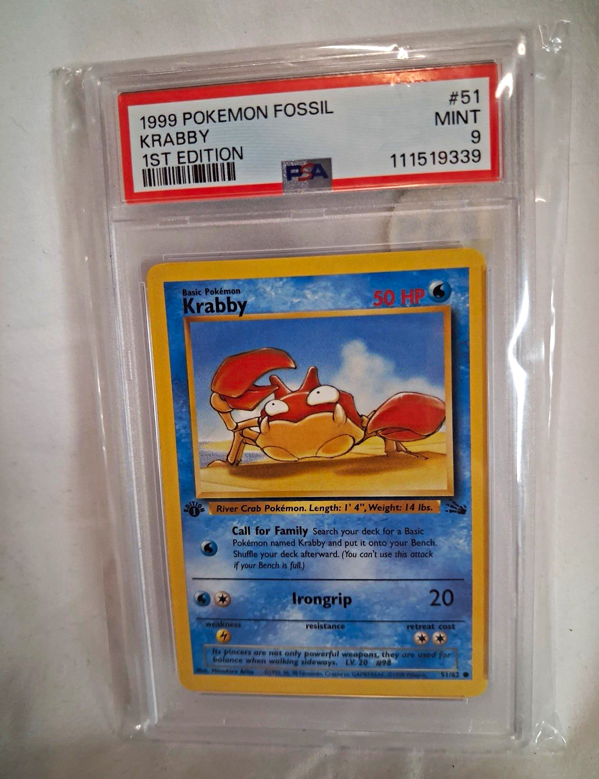 Pokémon 1999 Fossil Krabby #51 1st Edition PSA 9 Cert 111519339 Pokémon 1999 Fossil Krabby #51 1st Edition PSA 9 Cert 111519339
