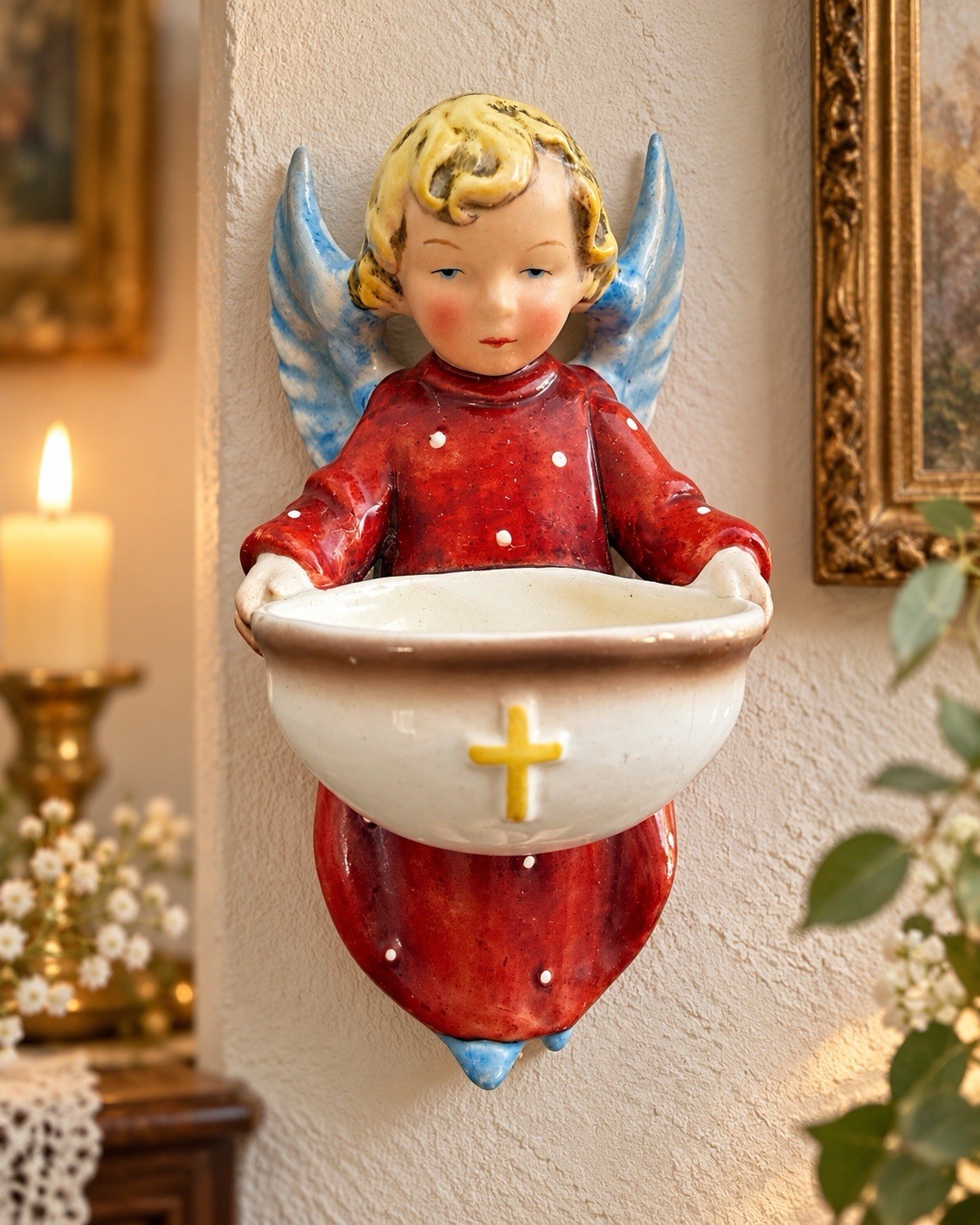 Vintage Goebel Sacrart HW 45 Angel Holy Water Font Germany Crown Mark Wall Stoup Vintage Goebel Sacrart HW 45 Angel Holy Water Font Germany Crown Mark Wall Stoup