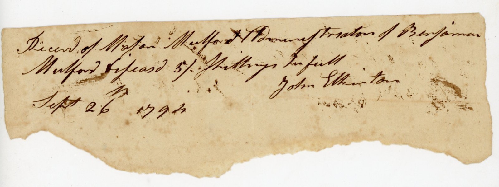 1792 Receipt Mason Mulford Estate Mulford NJ Signed John Thorton Post Colonial