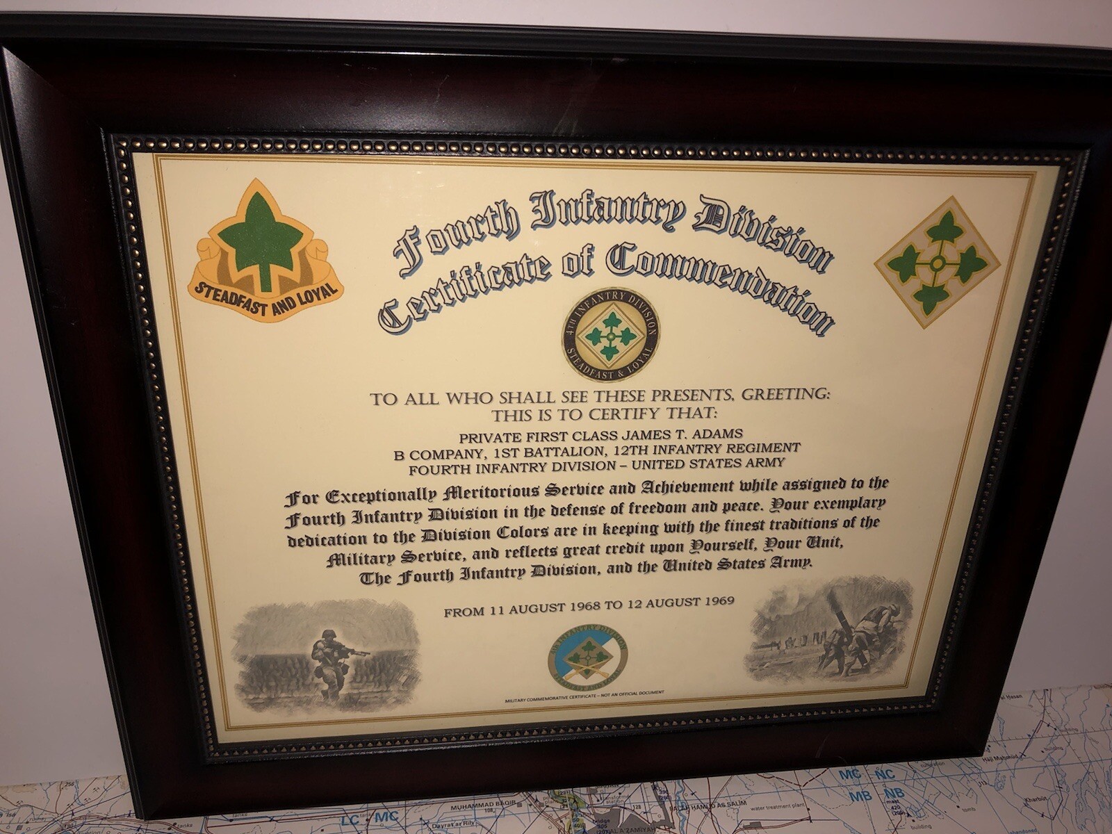 4TH INFANTRY DIVISION / COMMEMORATIVE - CERTIFICATE OF COMMENDATION 4TH INFANTRY DIVISION / COMMEMORATIVE - CERTIFICATE OF COMMENDATION