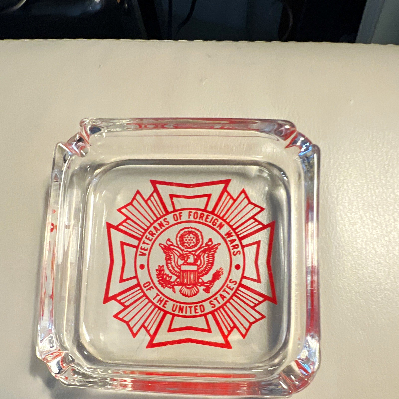 Vintage VFW Glass Ashtray Square Clear Red Logo Veterans of Foreign Wars Emblem Vintage VFW Glass Ashtray Square Clear Red Logo Veterans of Foreign Wars Emblem