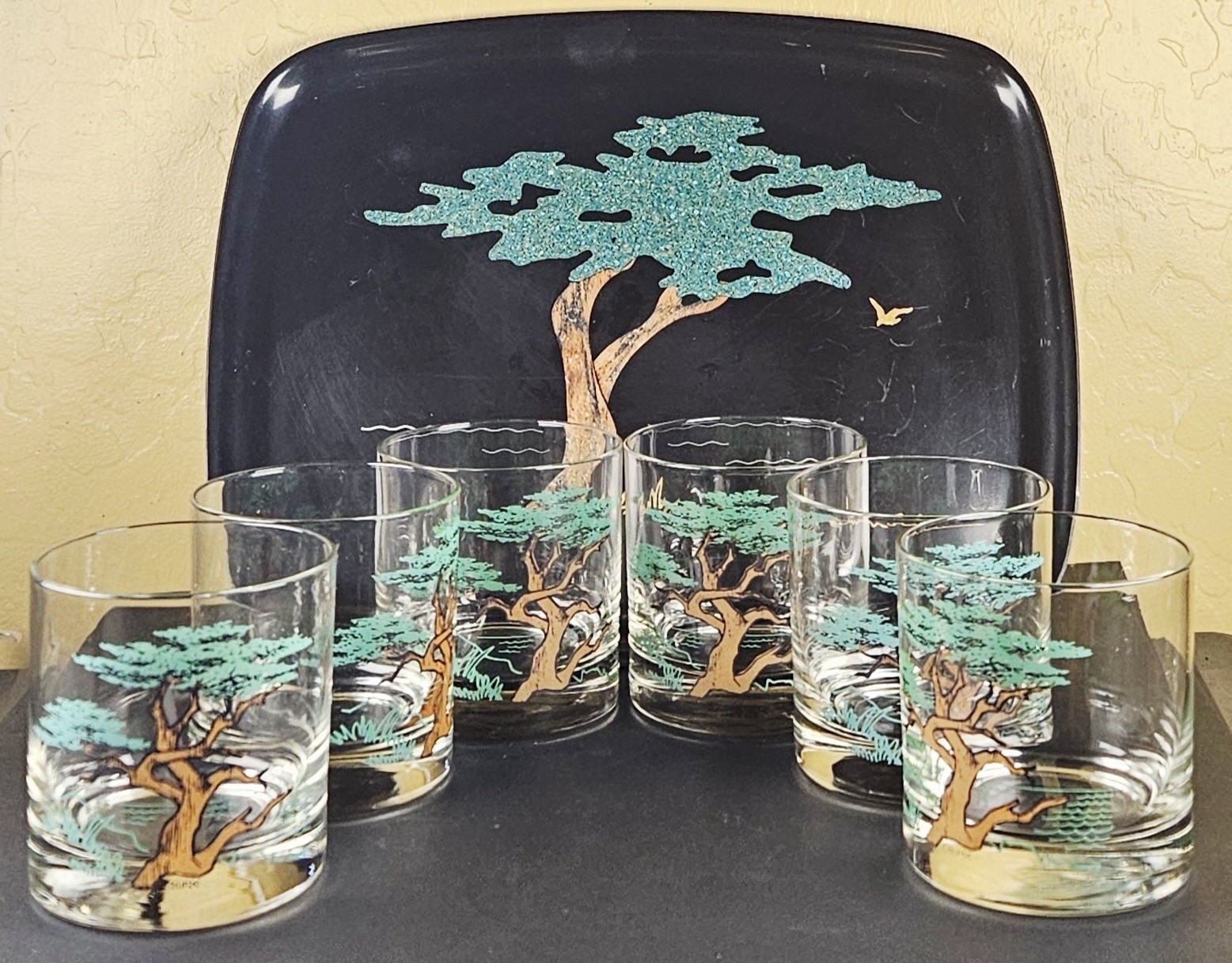 Vintage Couroc Monterey Cypress Tree Tray 6 Glasses Barware Set MCM