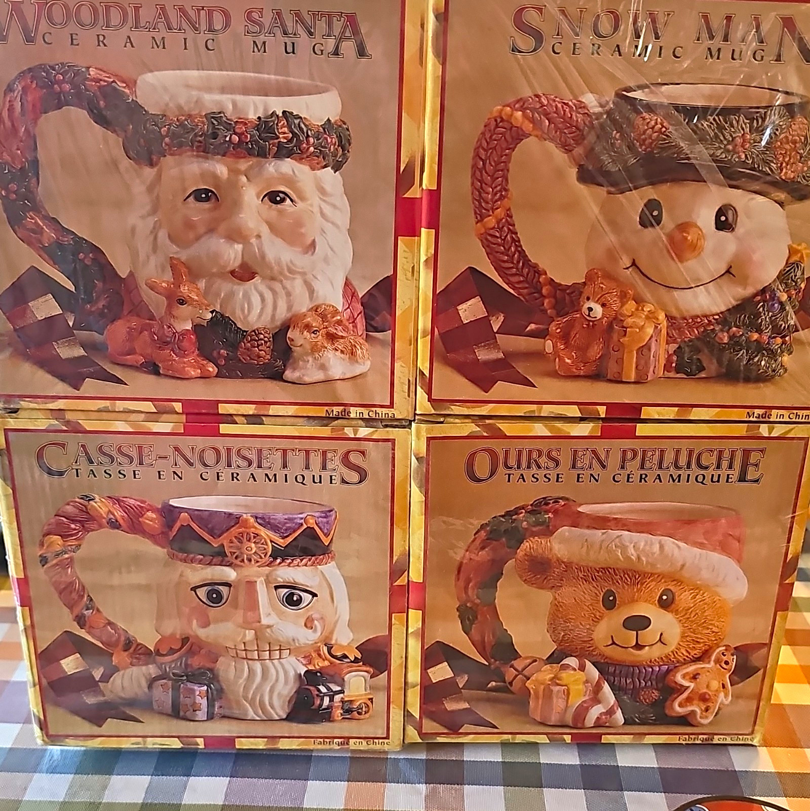 Hand Painted Ceramic 4pc Christmas Figural Mug Set Santa Snowman Nutcracker Hand Painted Ceramic 4pc Christmas Figural Mug Set Santa Snowman Nutcracker