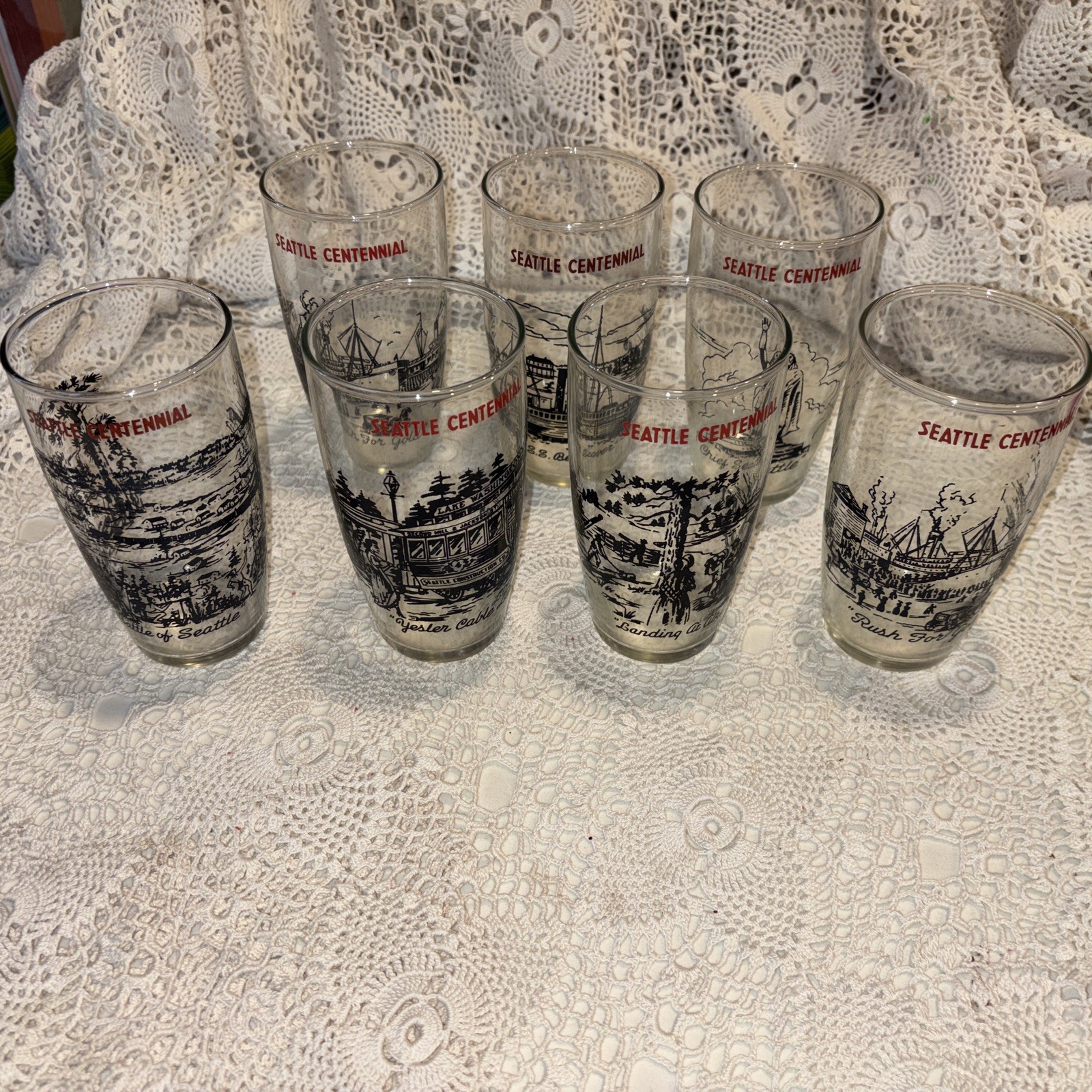 Drink Glass Set of 7: Seattle Centennial ~ Vintage 1951~ Battle of Seattle~