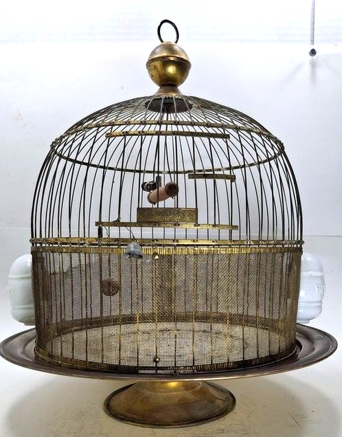 1920s Antique HENDRYX Brass Birdcage on Pedestal with Milk Glass HENDRYX Feeders