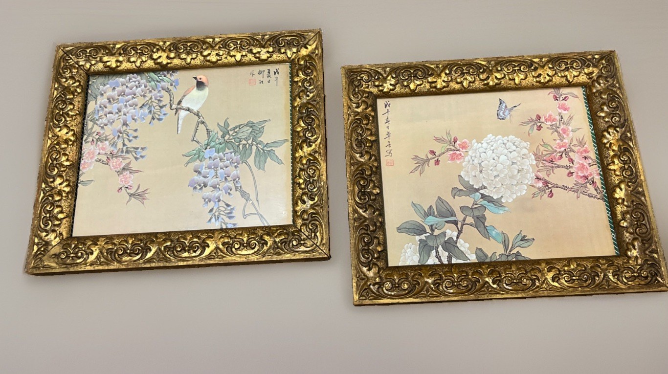 Pair Vintage 1978 Chinese Silk Paintings Flowers Birds Signed Liu Jiang Zhuowu Pair Vintage 1978 Chinese Silk Paintings Flowers Birds Signed Liu Jiang Zhuowu