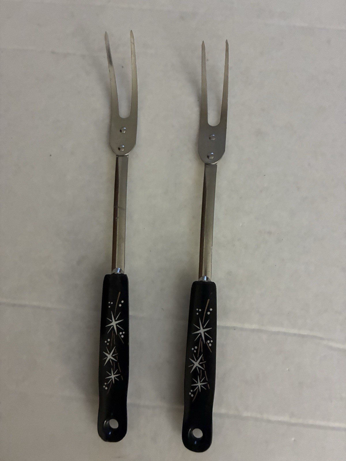 2 Vintage Atomic Starburst EKCO Meat Fork Black Handle Carving Stainless Steel 2 Vintage Atomic Starburst EKCO Meat Fork Black Handle Carving Stainless Steel