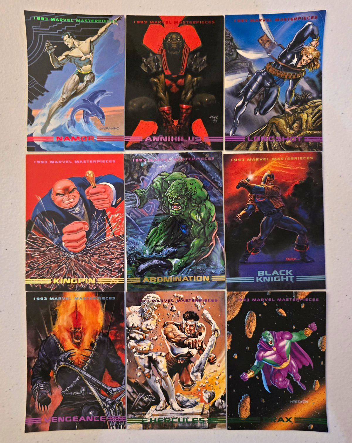 1993 SkyBox Marvel Masterpieces 9 Card Lot Namor Annihilus Longshot Kingpin