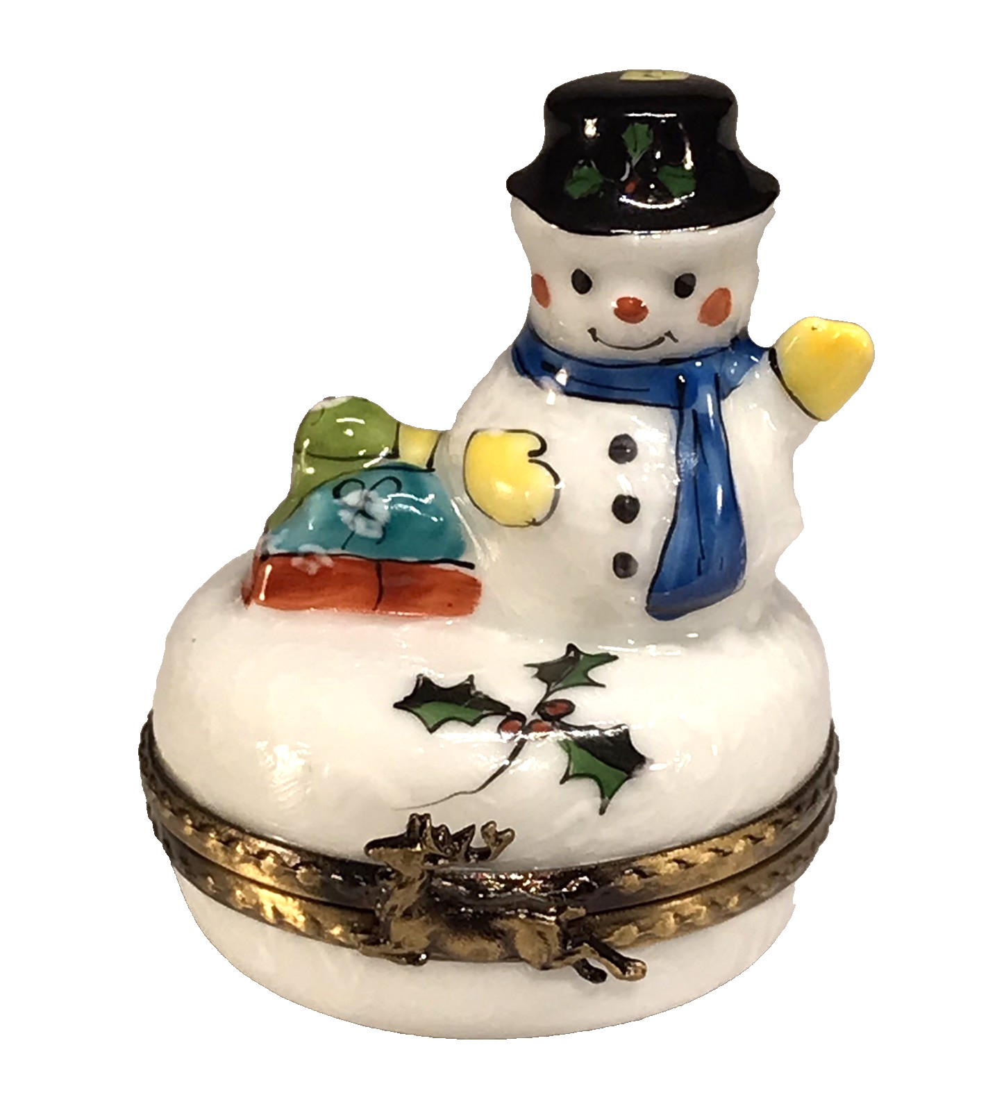 LIMOGES SNOWMAN TRINKET BOX - PEINT MAIN FRANCE - DEER CLASP - HOLLY INSIDE XLT LIMOGES SNOWMAN TRINKET BOX - PEINT MAIN FRANCE - DEER CLASP - HOLLY INSIDE XLT