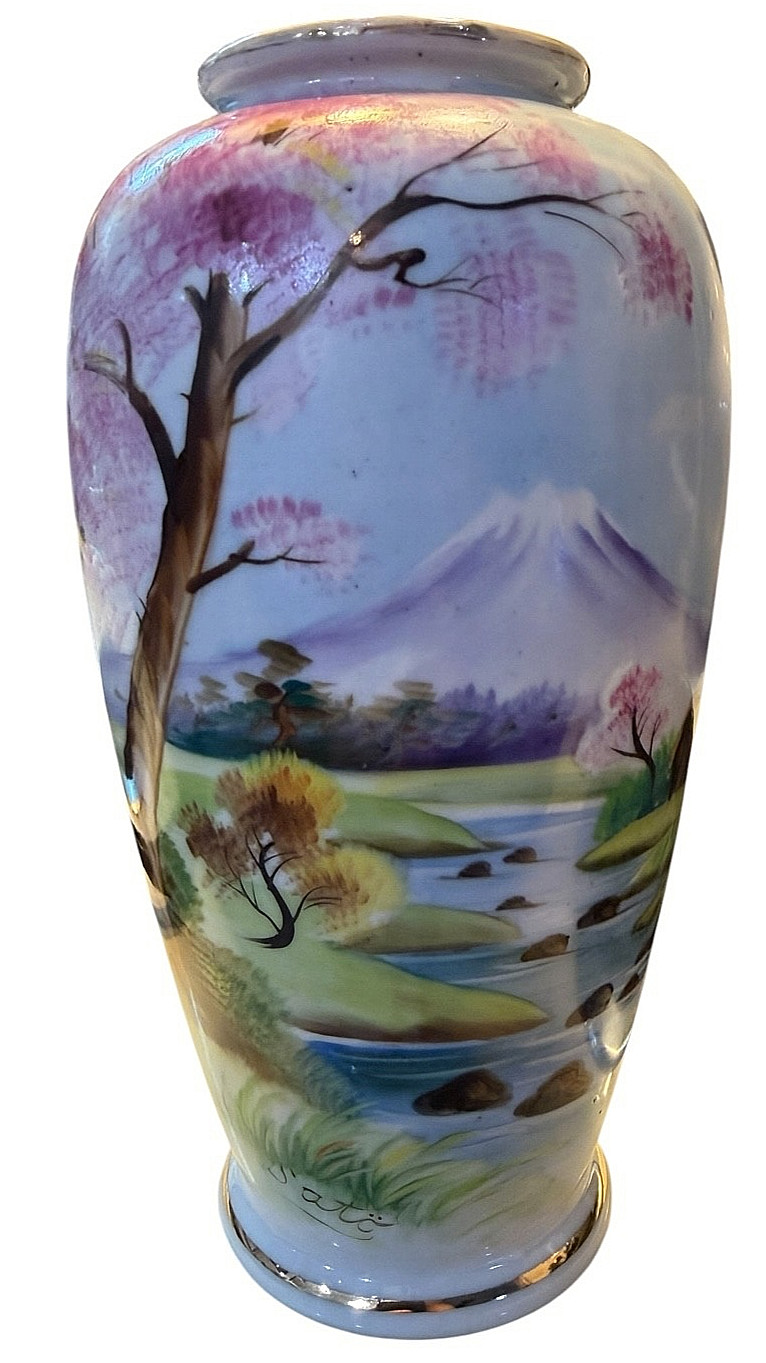 VINTAGE SATO JAPAN PORCELAIN HAND PAINTED VASE MT. FUJI CHERY BLOSSOMS SIGNED VINTAGE SATO JAPAN PORCELAIN HAND PAINTED VASE MT. FUJI CHERY BLOSSOMS SIGNED