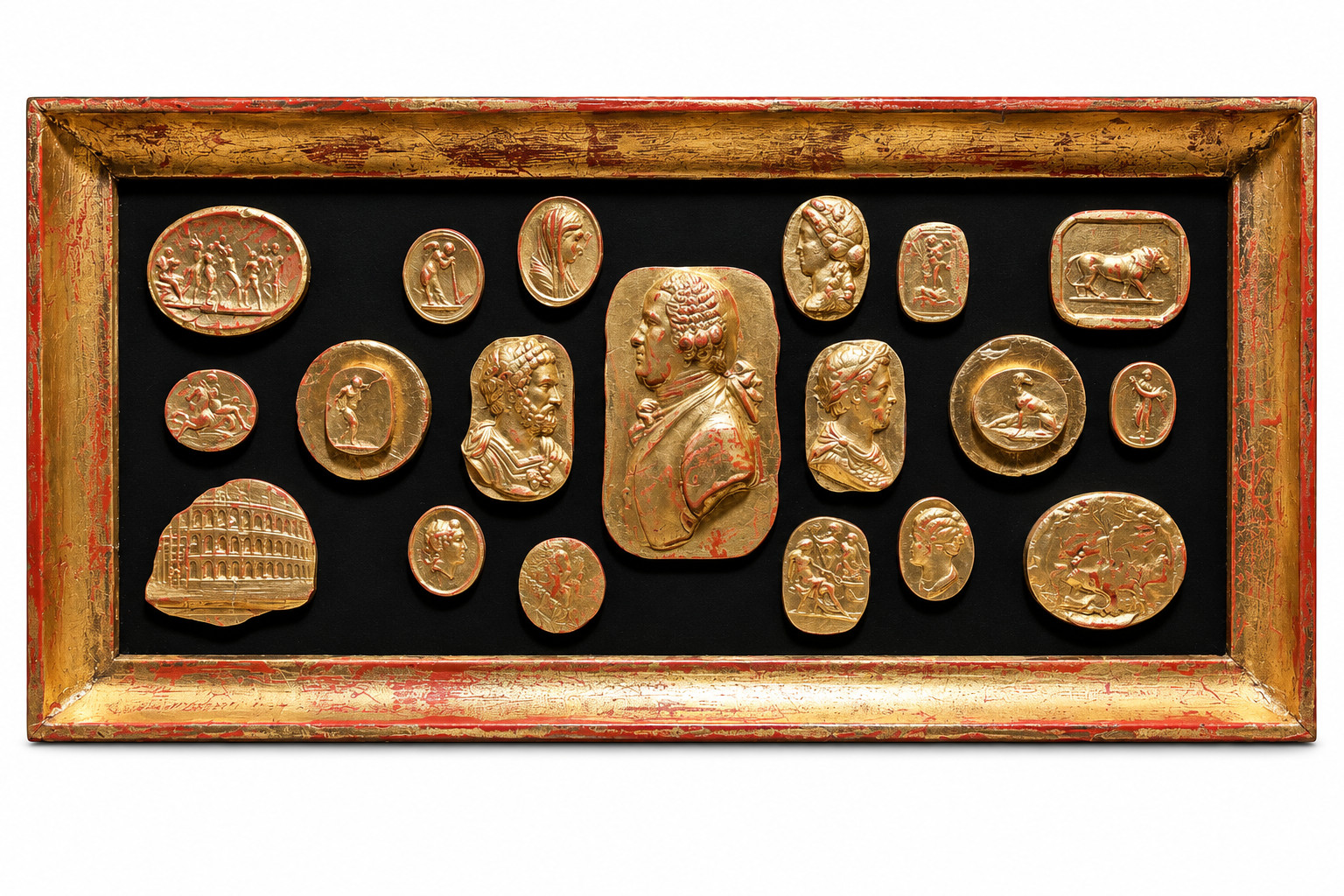 Neoclassical Vintage Grand Tour Gilded Cameo Intaglio Arrangement in Gilded Fram Neoclassical Vintage Grand Tour Gilded Cameo Intaglio Arrangement in Gilded Fram